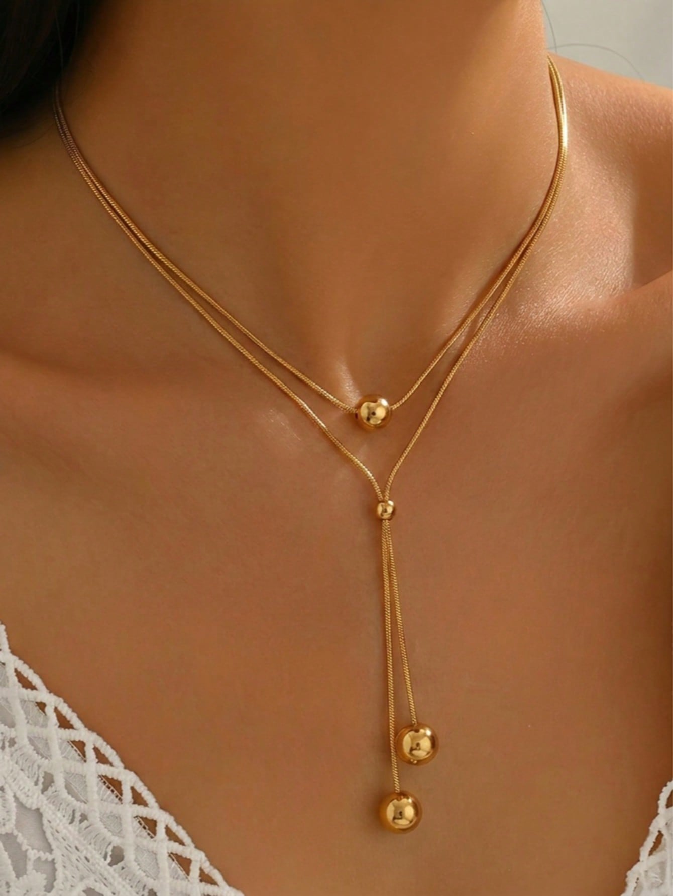 Gold Y-Shaped Lariat Necklace with Ball Pendants