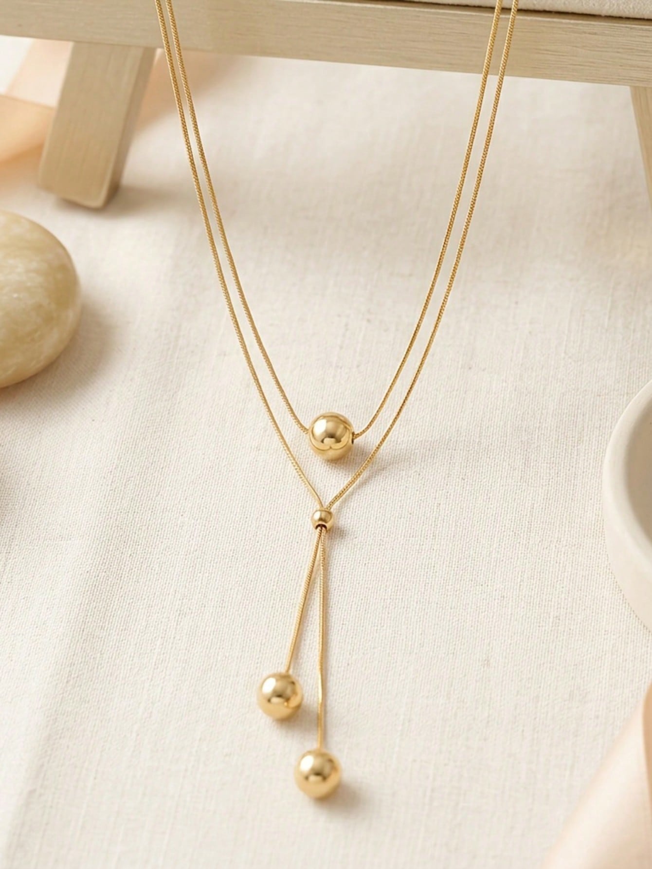 Gold Y-Shaped Lariat Necklace with Ball Pendants
