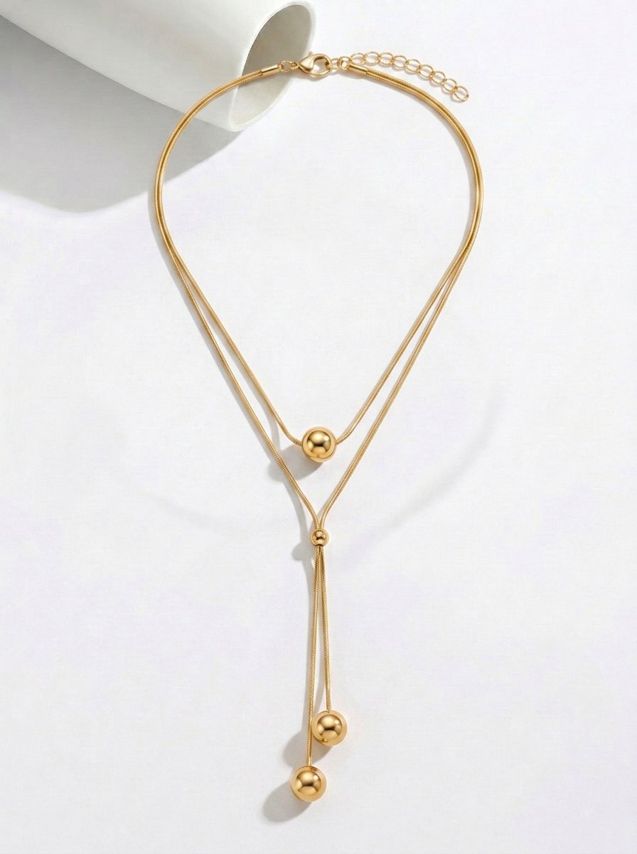 Gold Y-Shaped Lariat Necklace with Ball Pendants