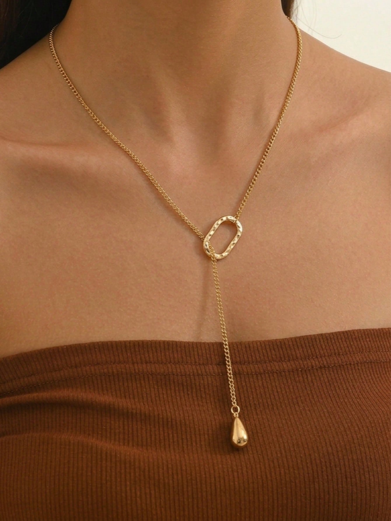 Gold Y-Lariat Necklace with Textured Oval and Teardrop Charm