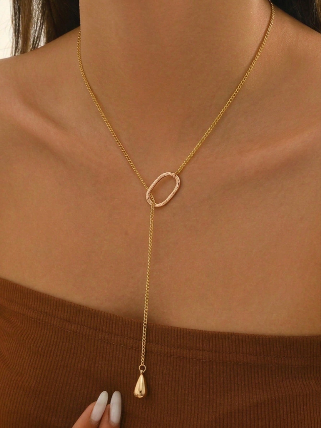 Gold Y-Lariat Necklace with Textured Oval and Teardrop Charm