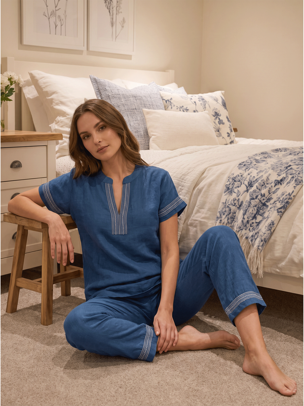 Blue Short Sleeve Embroidered Pyjama Set