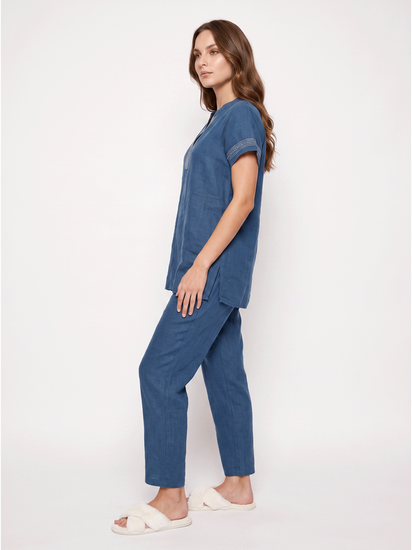 Blue Short Sleeve Embroidered Pyjama Set