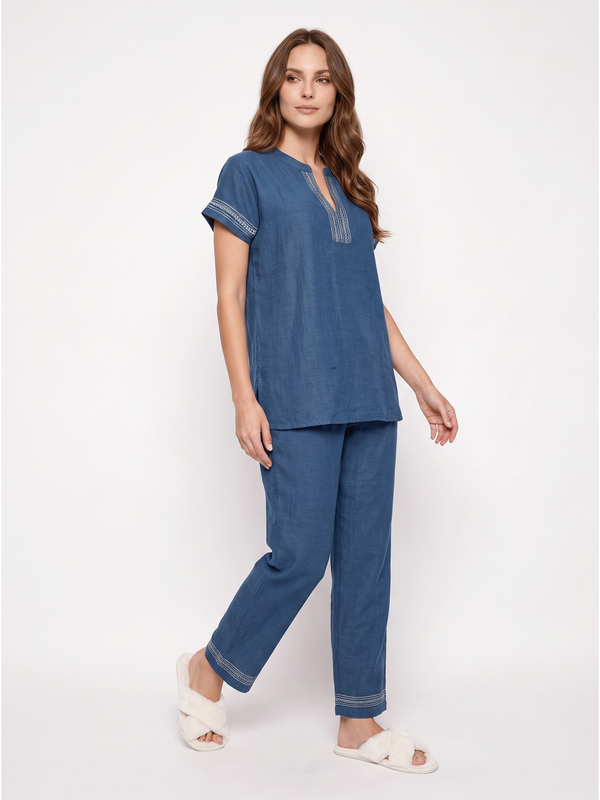 Blue Short Sleeve Embroidered Pyjama Set