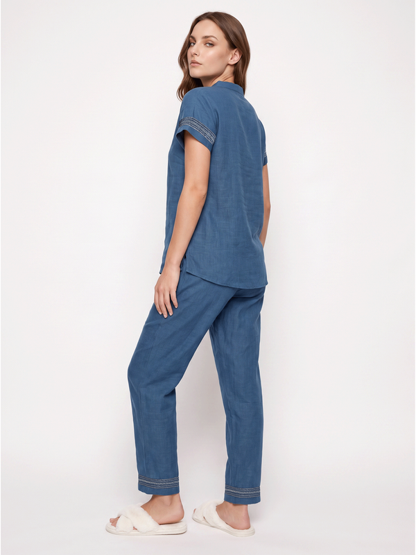 Blue Short Sleeve Embroidered Pyjama Set