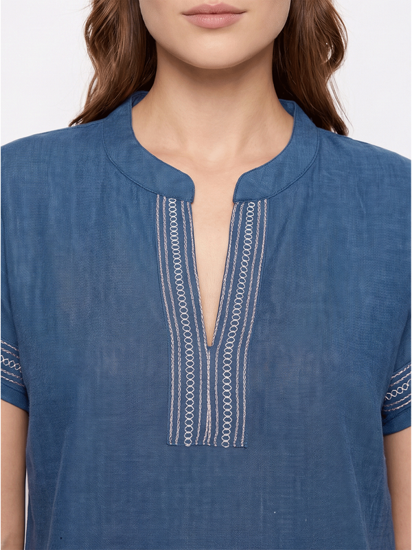 Blue Short Sleeve Embroidered Pyjama Set