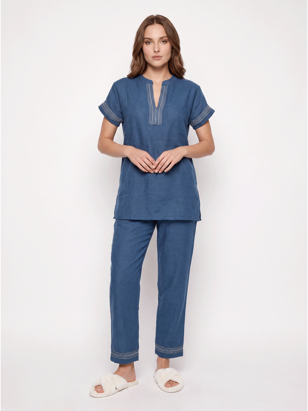 Blue Short Sleeve Embroidered Pyjama Set