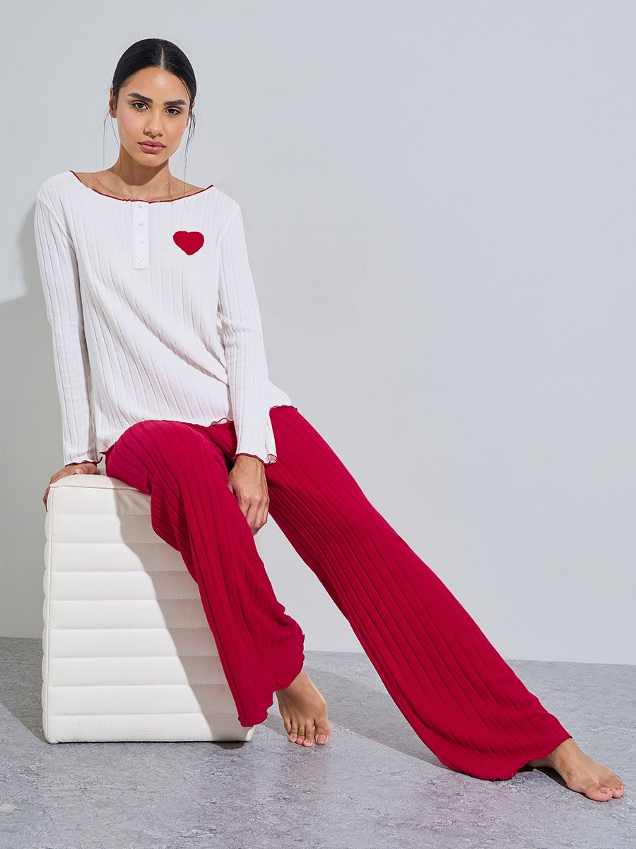 Burgundy Ribbed Heart Print Boat Neck Top and Solid Pants Pyjama Set