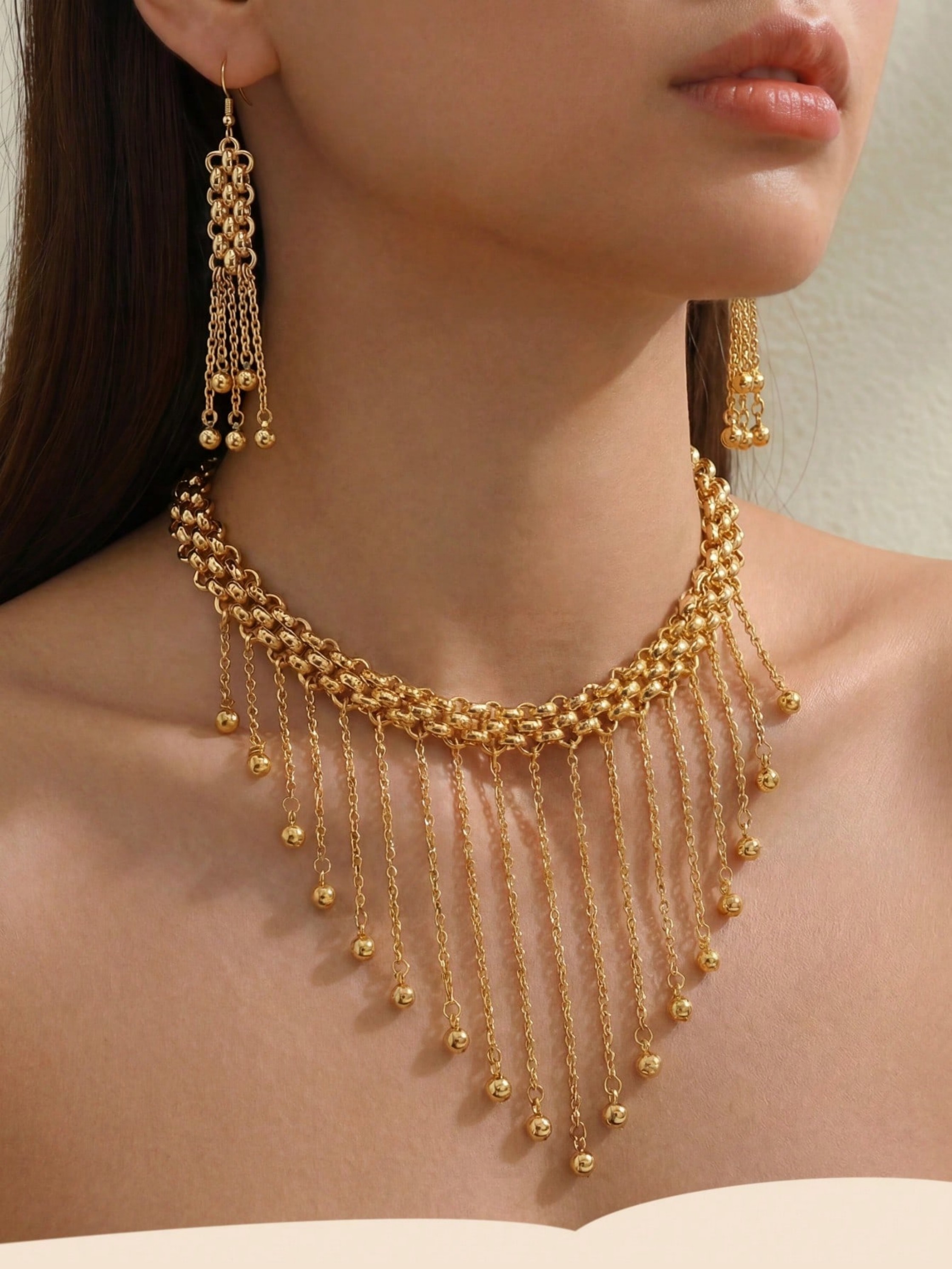 Golden Tassel Choker Necklace and Dangle Earrings Set