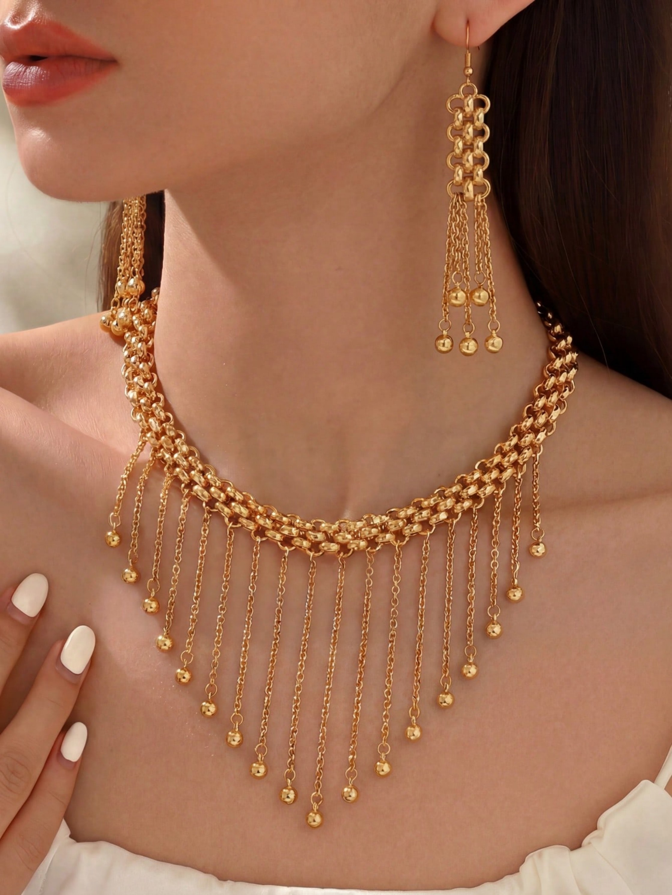 Golden Tassel Choker Necklace and Dangle Earrings Set