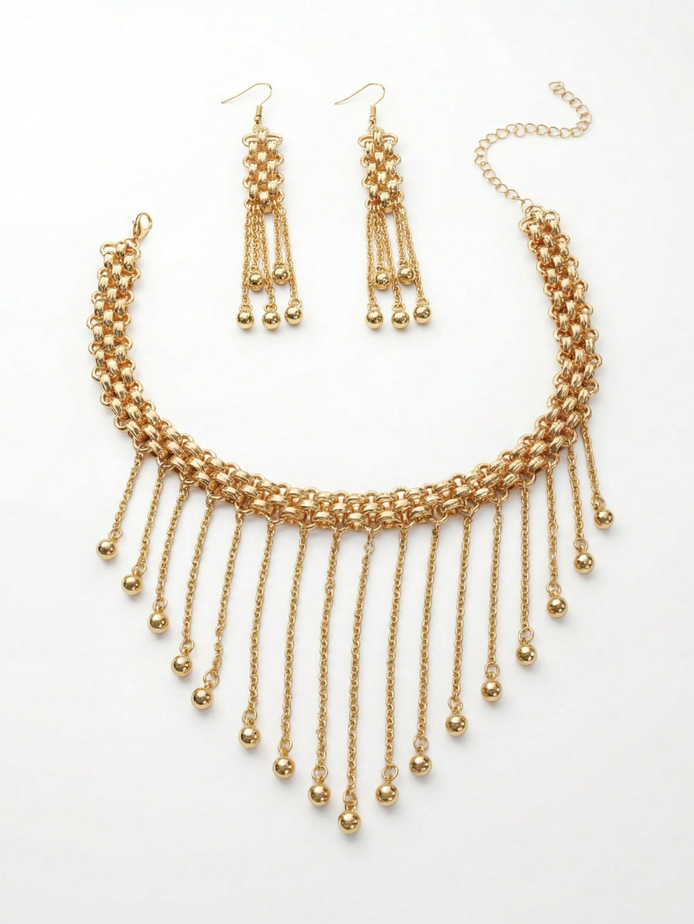 Golden Tassel Choker Necklace and Dangle Earrings Set