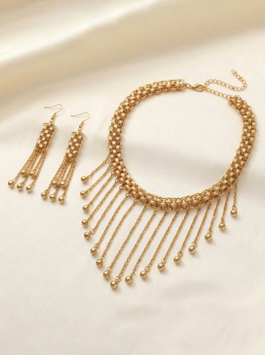 Golden Tassel Choker Necklace and Dangle Earrings Set