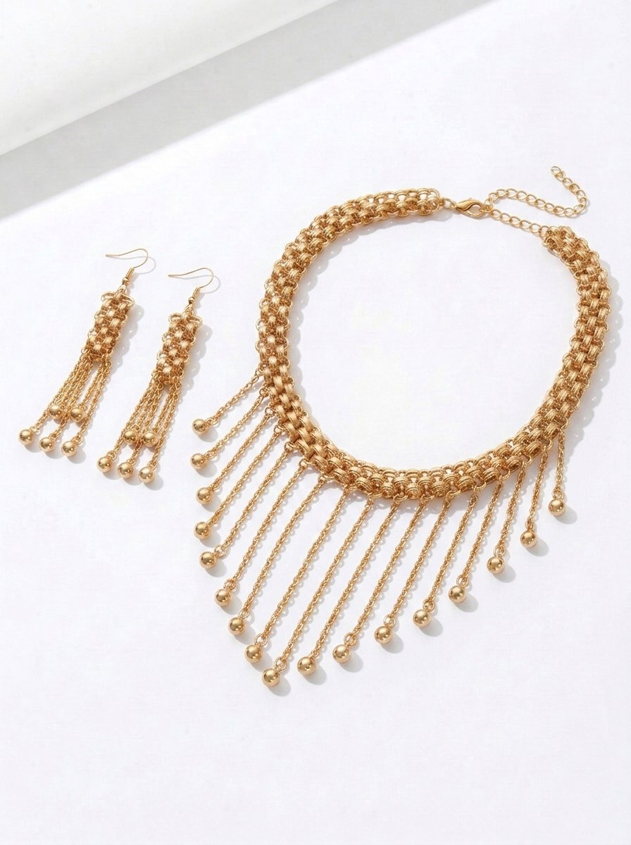Golden Tassel Choker Necklace and Dangle Earrings Set