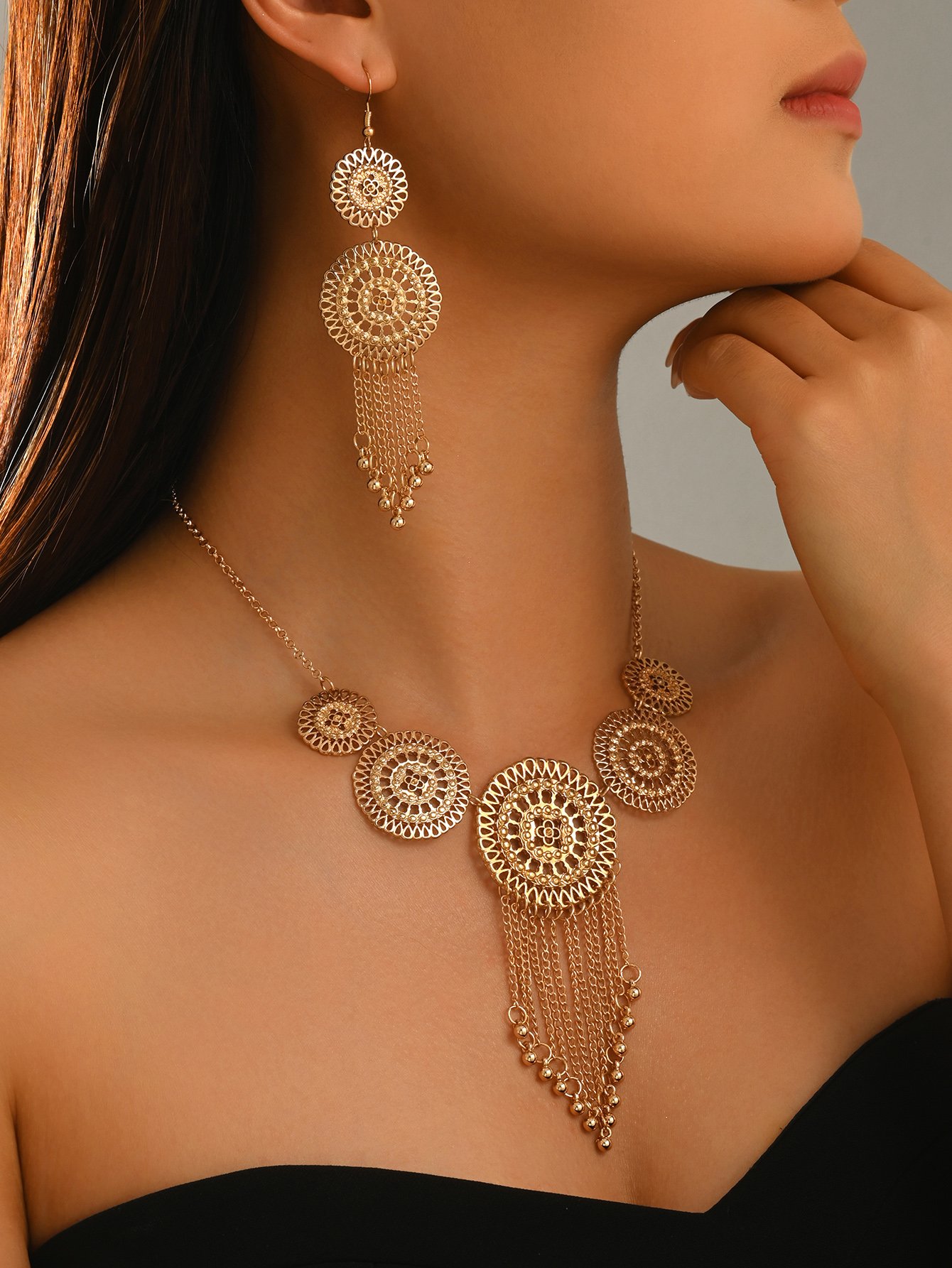 Golden Filigree Tassel Choker Necklace and Earring Set