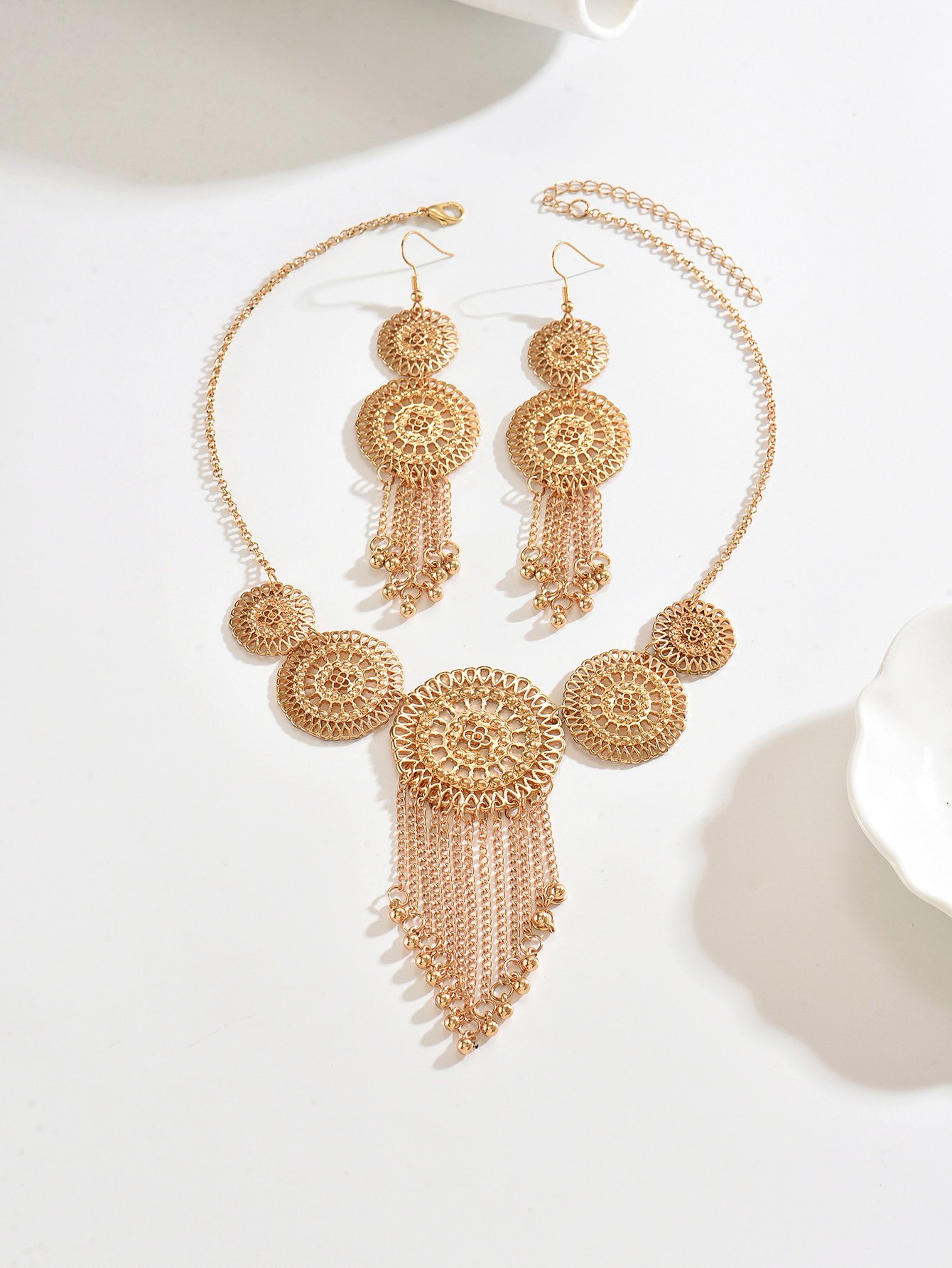Golden Filigree Tassel Choker Necklace and Earring Set
