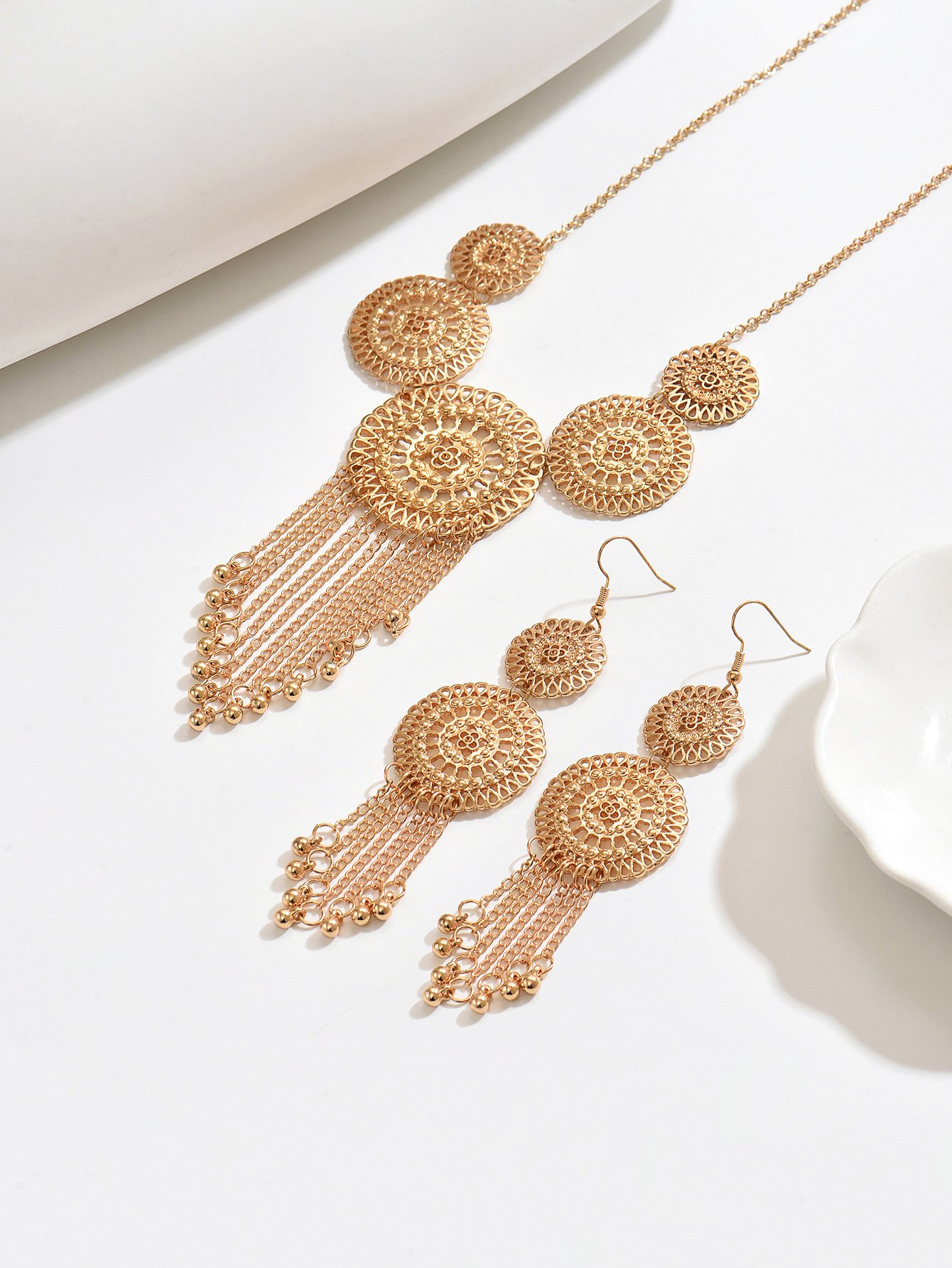 Golden Filigree Tassel Choker Necklace and Earring Set