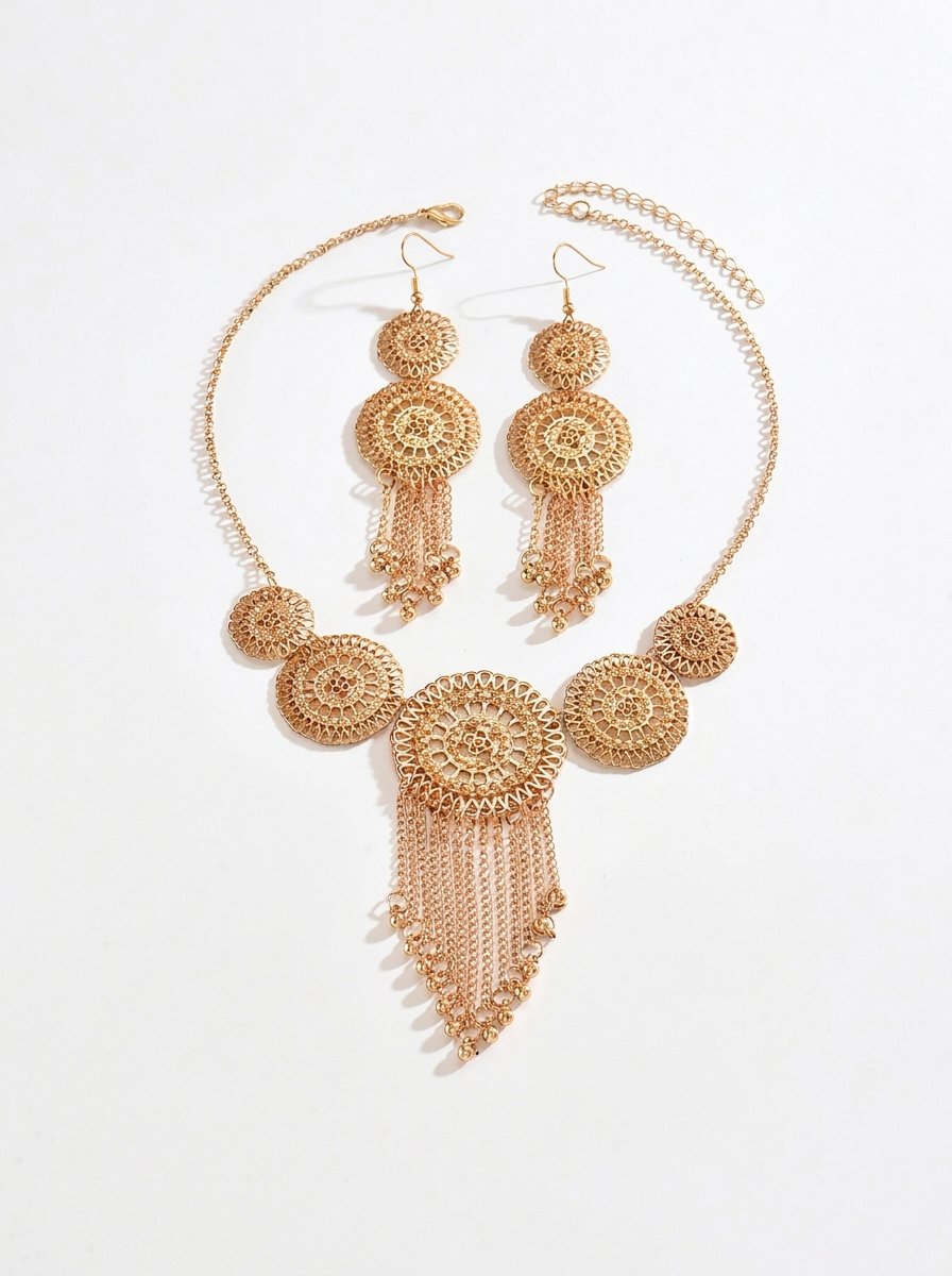 Golden Filigree Tassel Choker Necklace and Earring Set