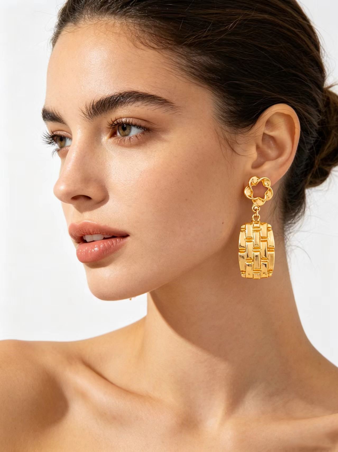 Gold Tone Woven Rectangle Drop Earrings