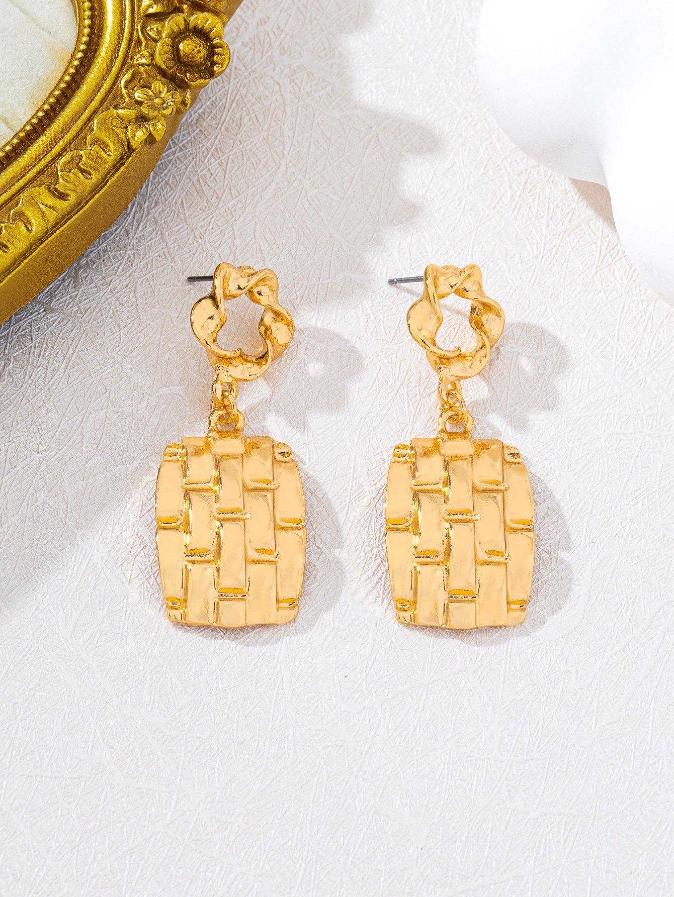 Gold Tone Woven Rectangle Drop Earrings