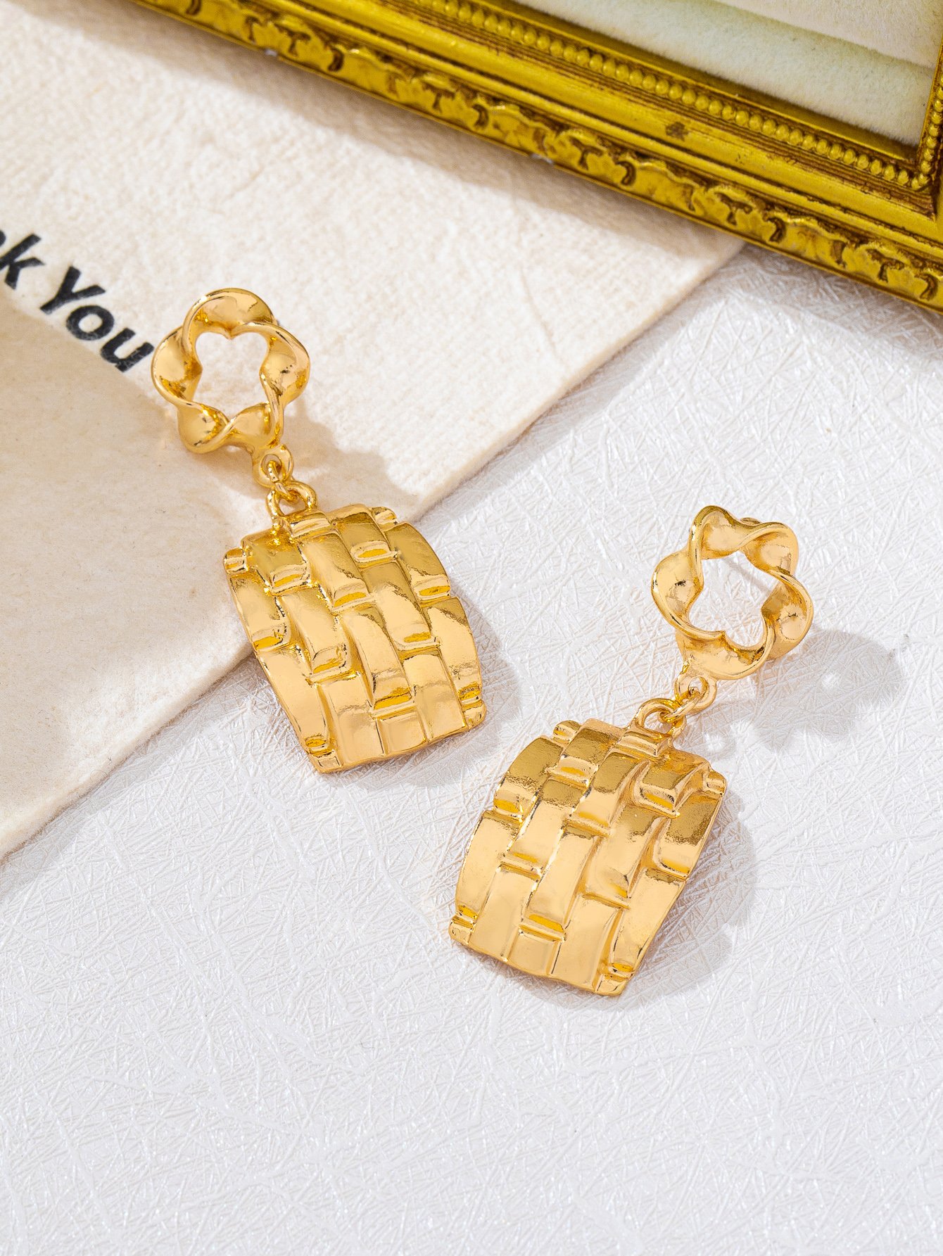 Gold Tone Woven Rectangle Drop Earrings