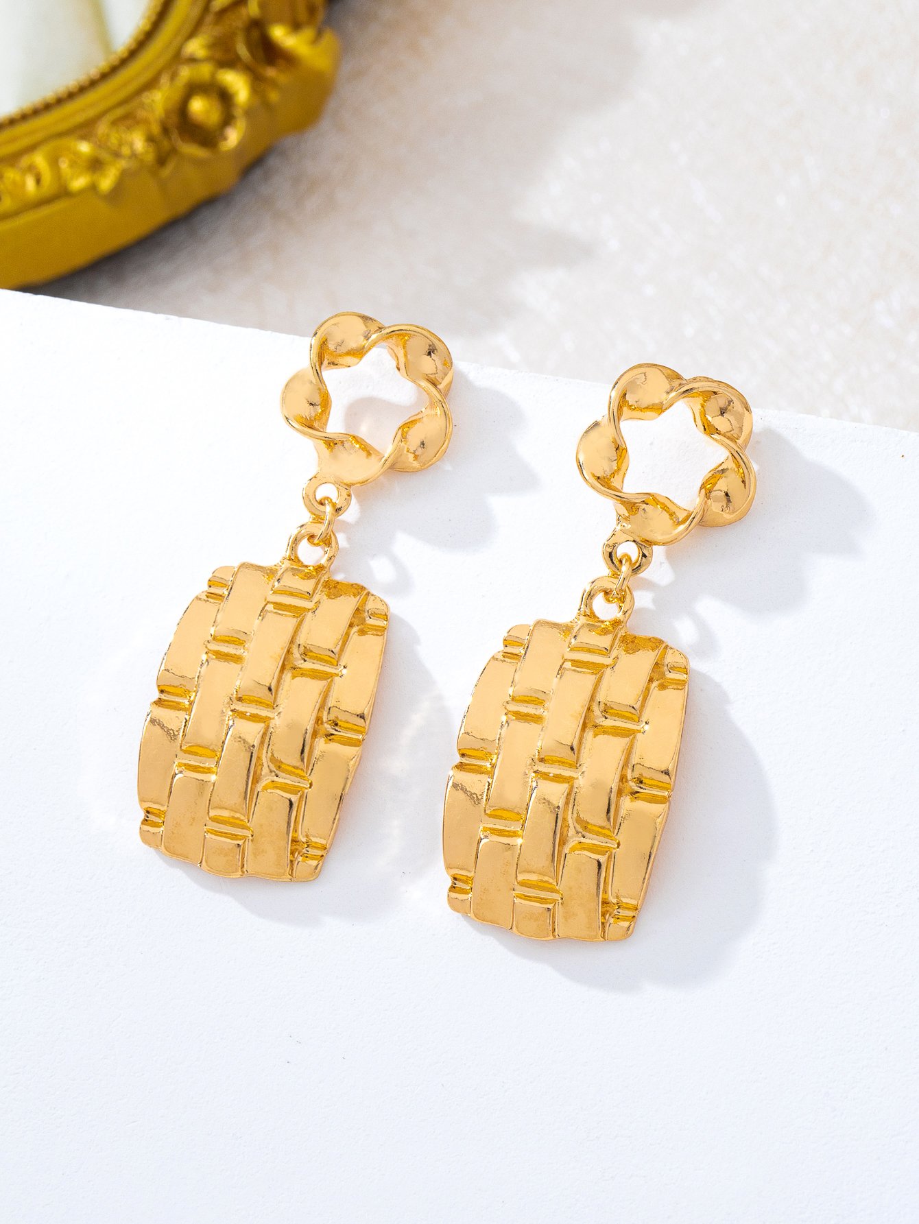 Gold Tone Woven Rectangle Drop Earrings