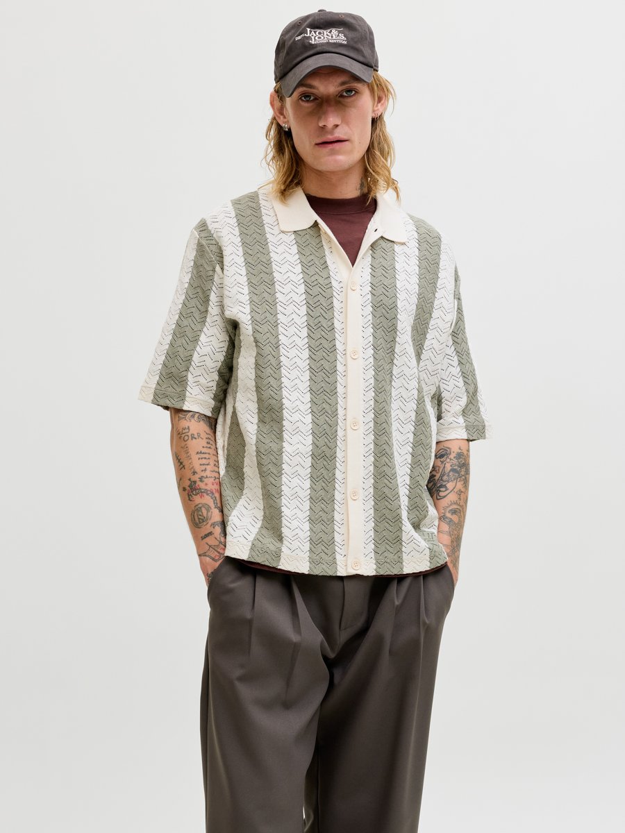 Off White Striped Knit Polo Shirt