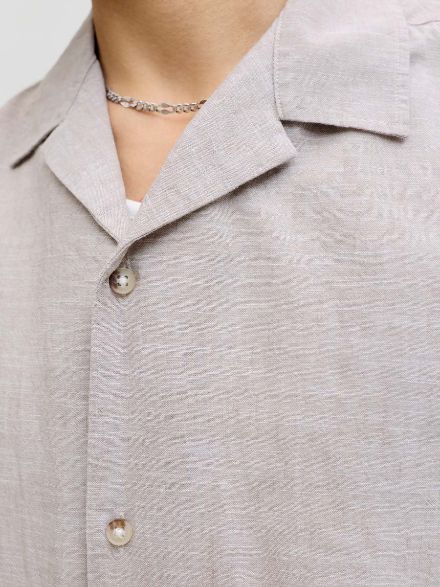 Beige Plain Resort Collar Linen Blend Shirt