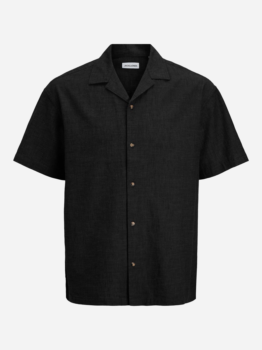 Black Resort Collar Linen Blend Shirt