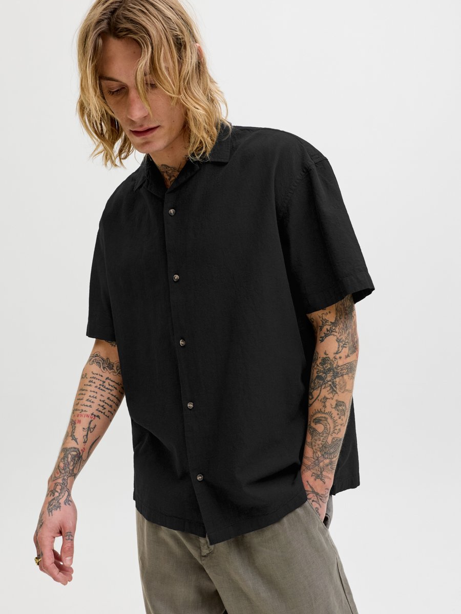 Black Resort Collar Linen Blend Shirt