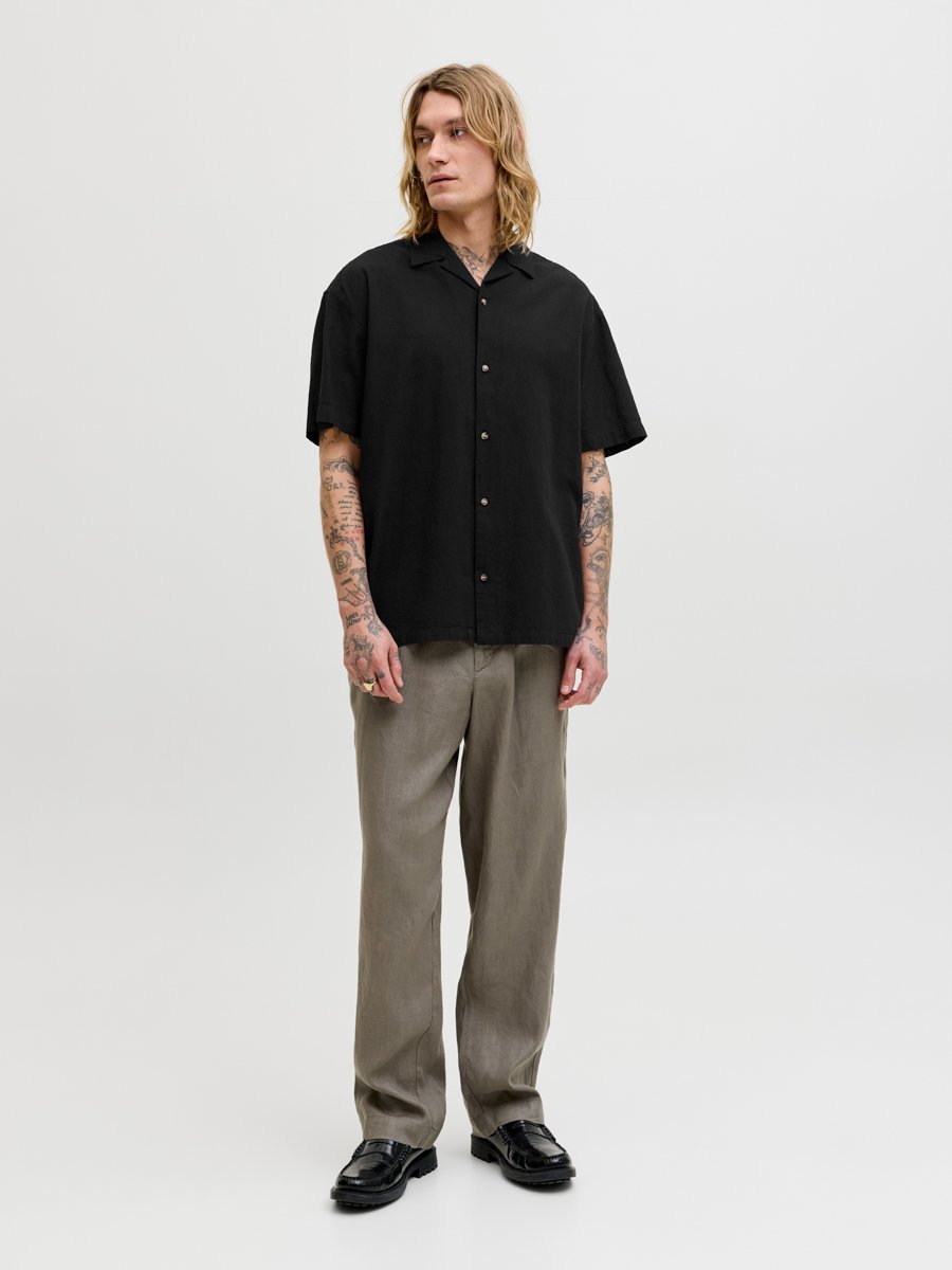 Black Resort Collar Linen Blend Shirt