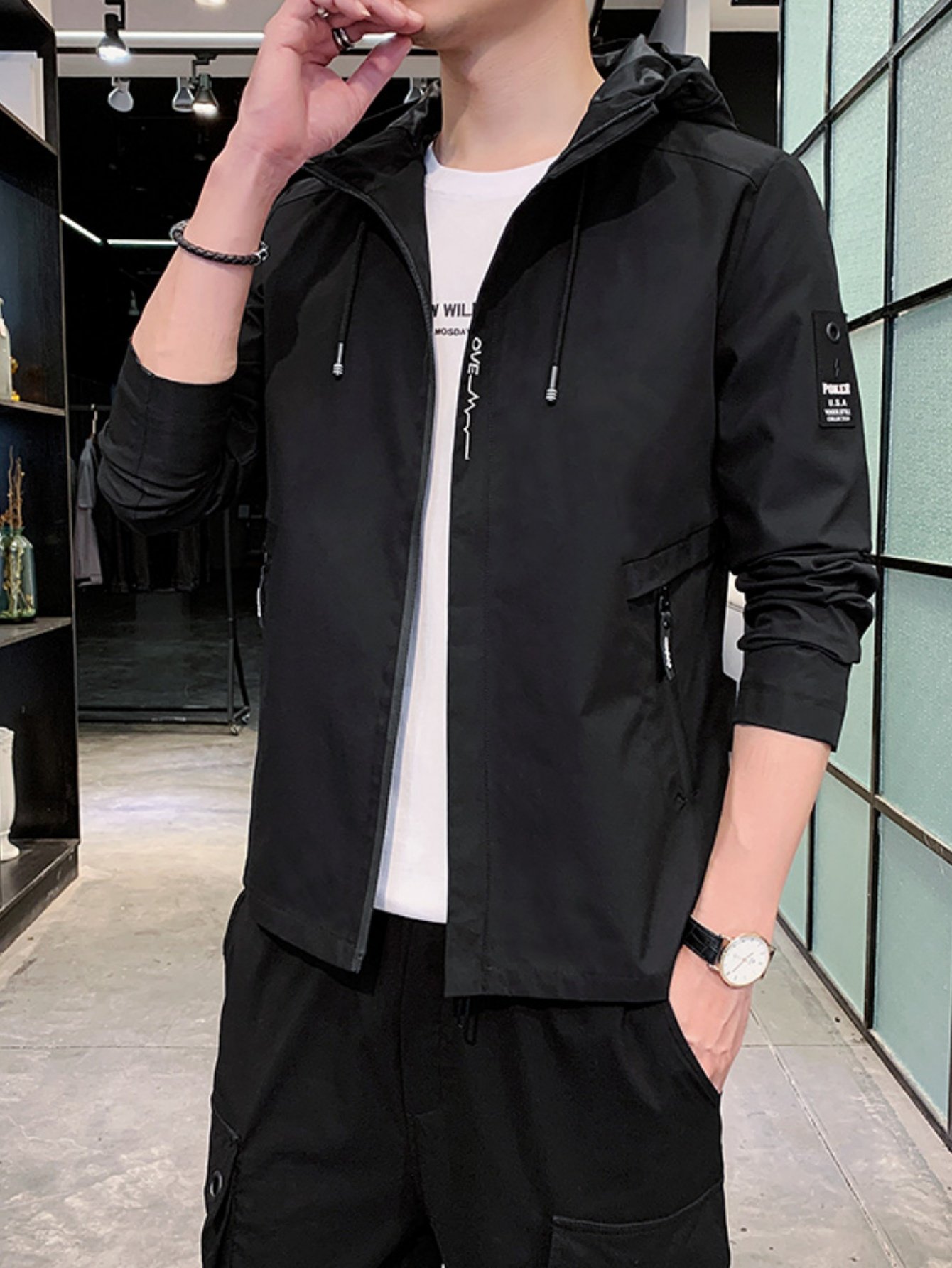 Men Black Hooded Zip Jacket