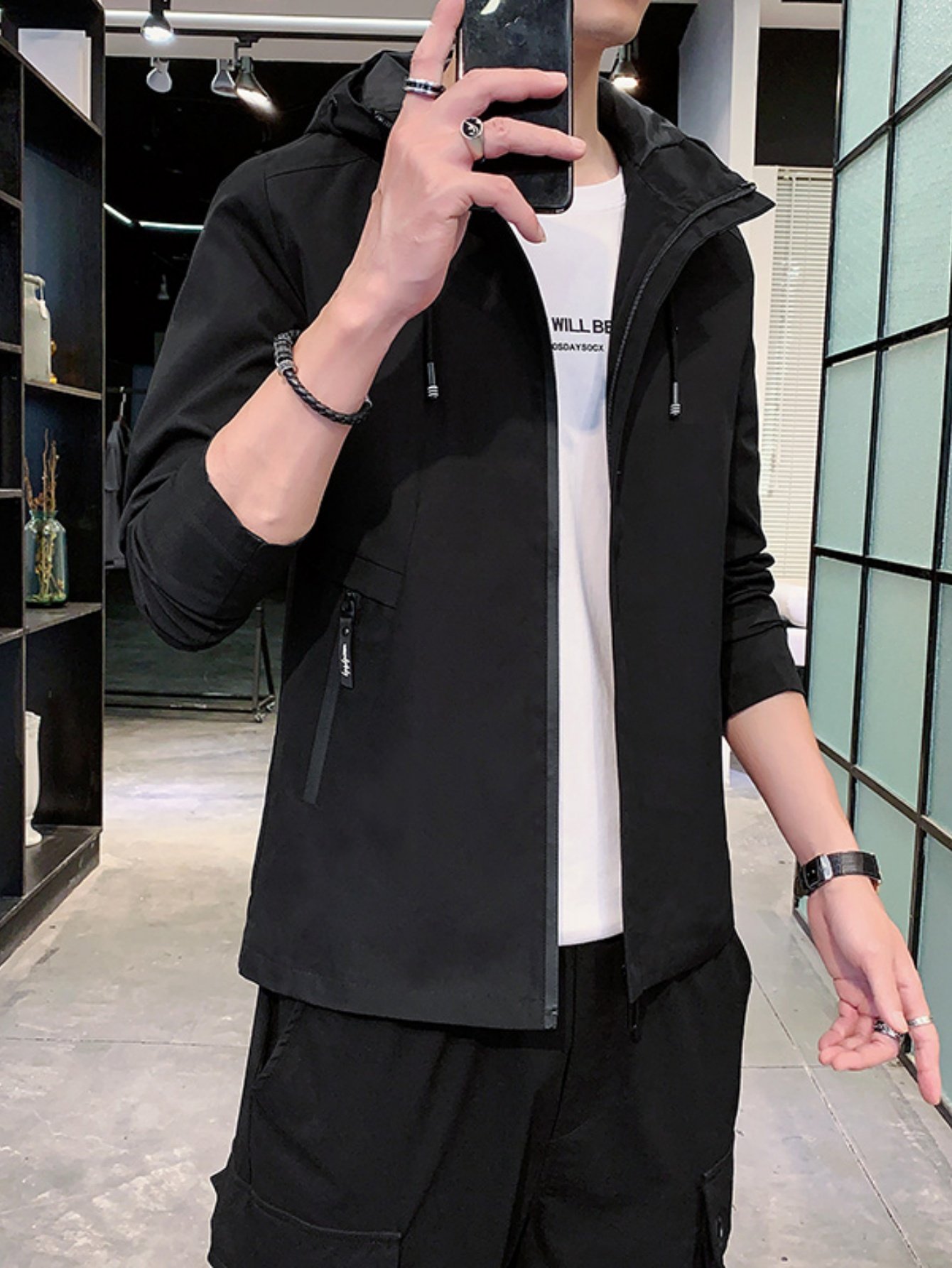 Men Black Hooded Zip Jacket