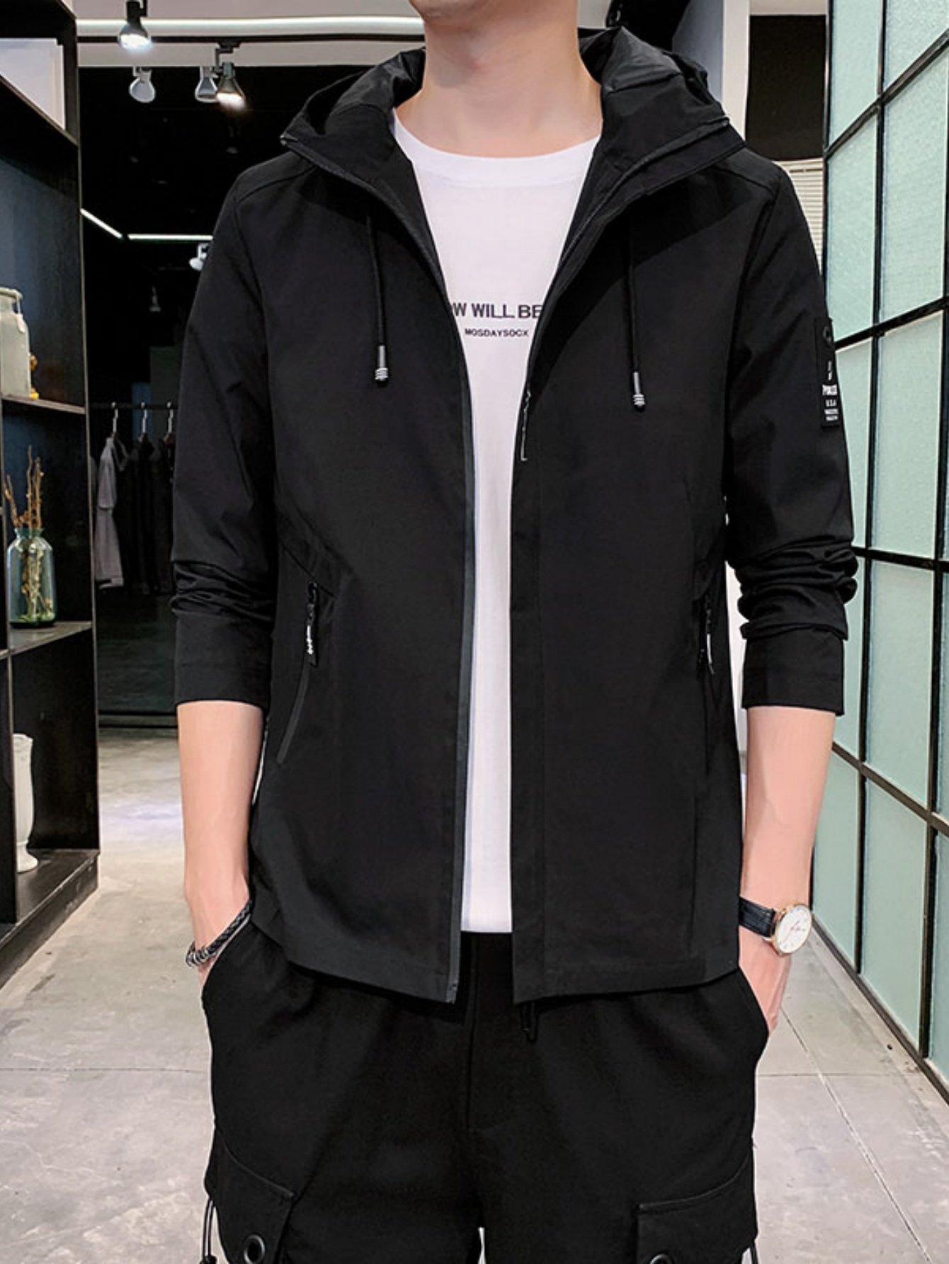 Men Black Hooded Zip Jacket