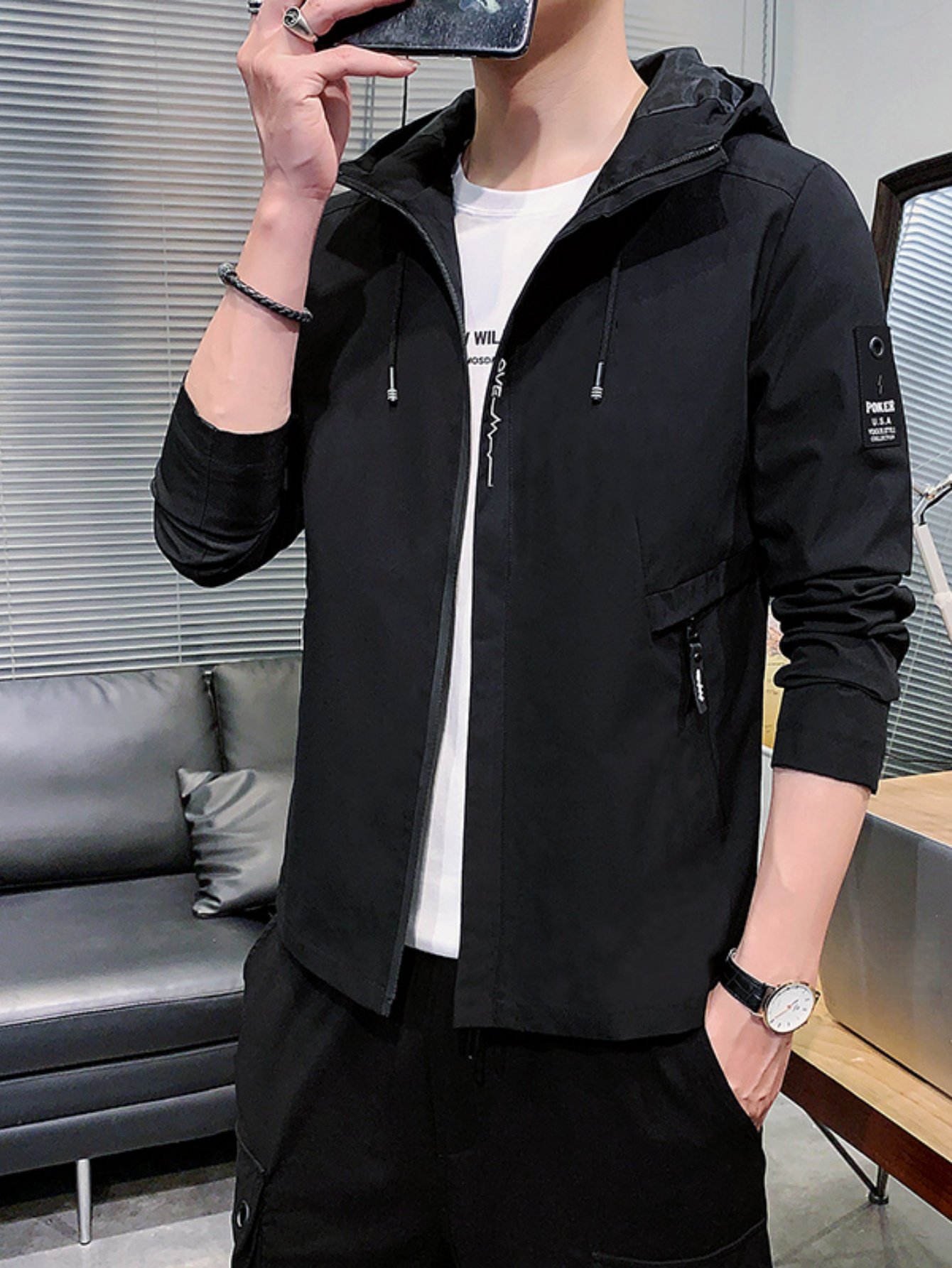 Men Black Hooded Zip Jacket