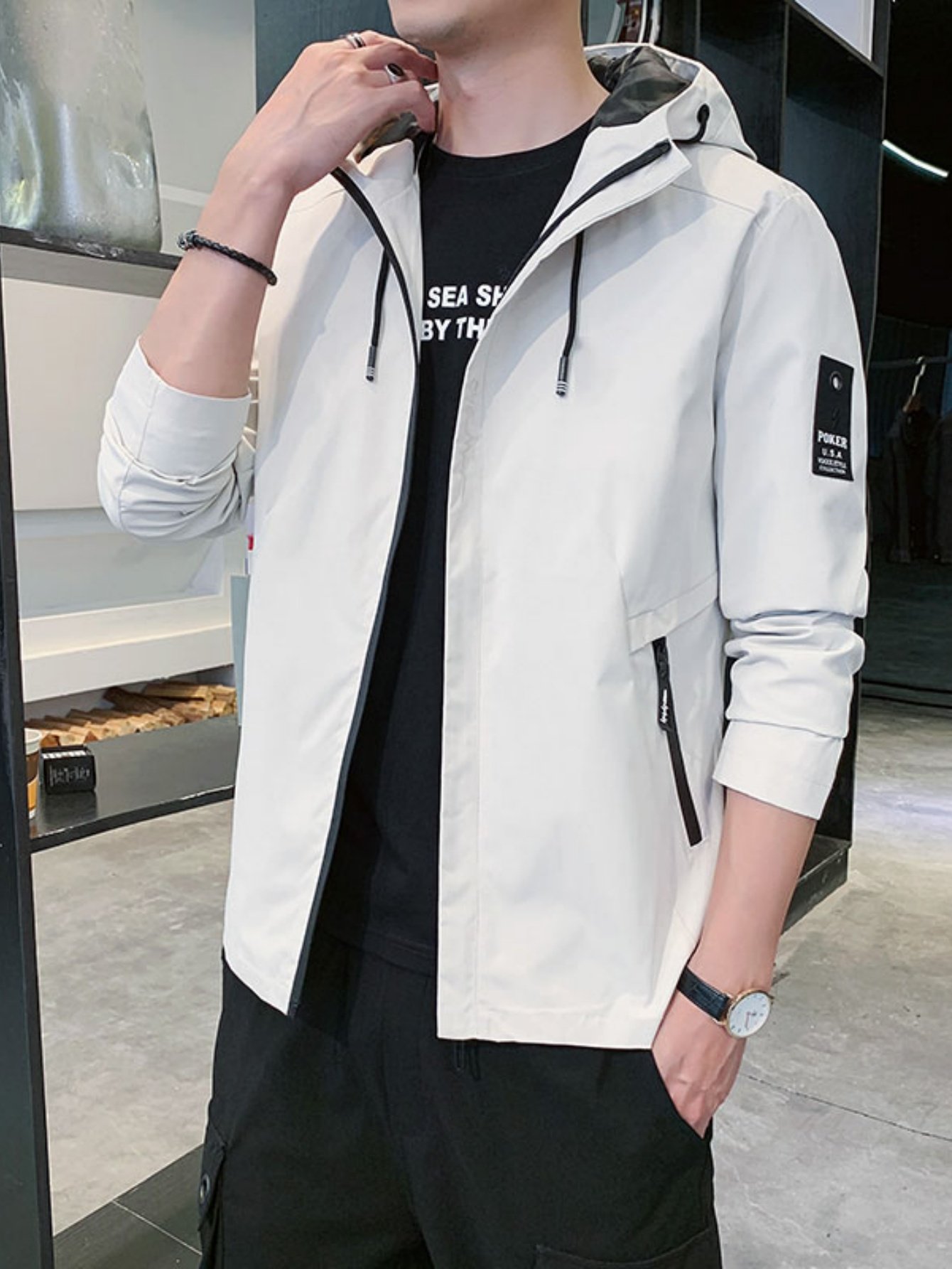 Men Beige Zip-Up Hooded Jacket