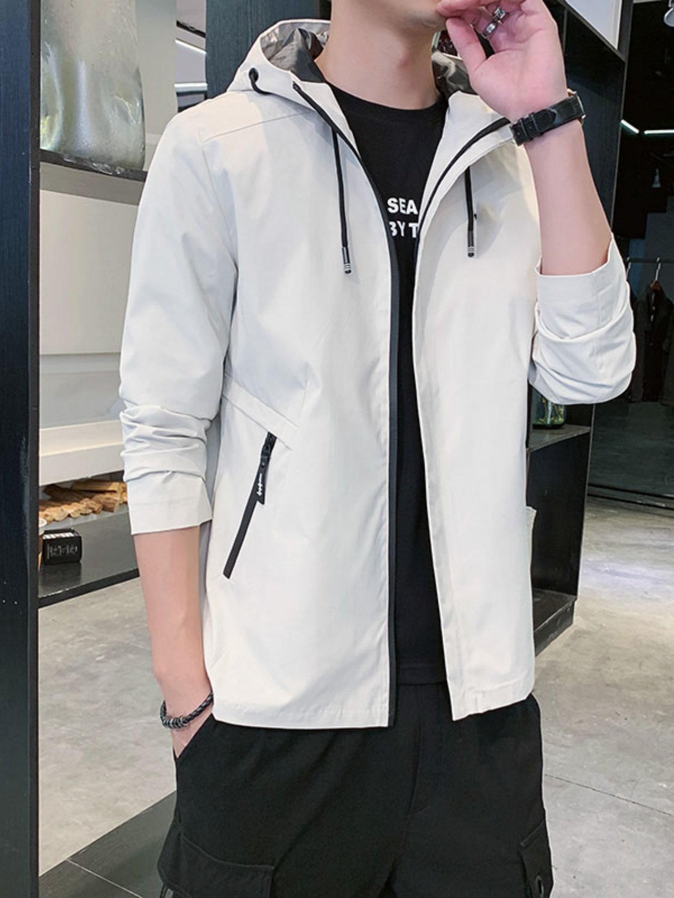Men Beige Zip-Up Hooded Jacket