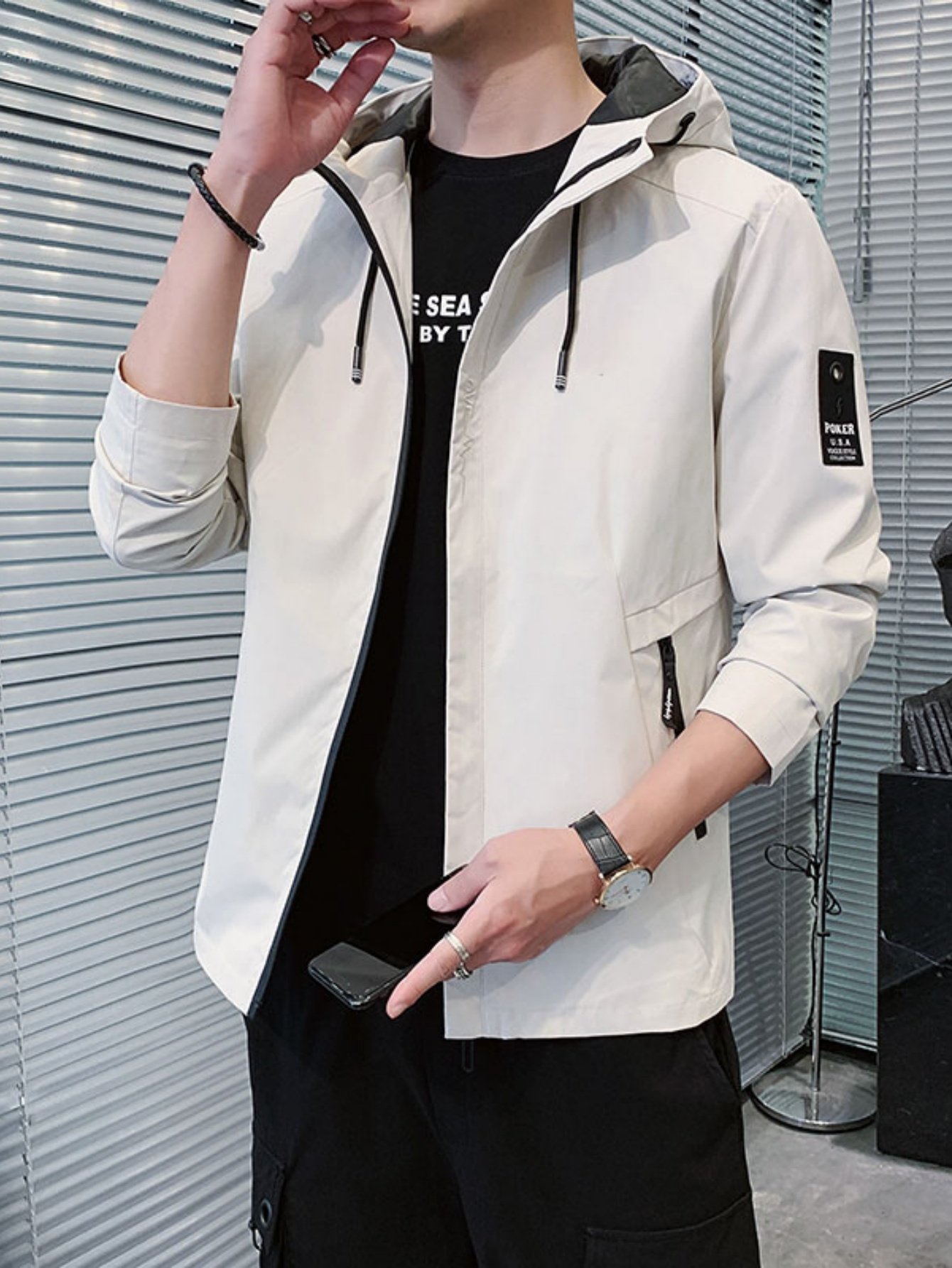 Men Beige Zip-Up Hooded Jacket