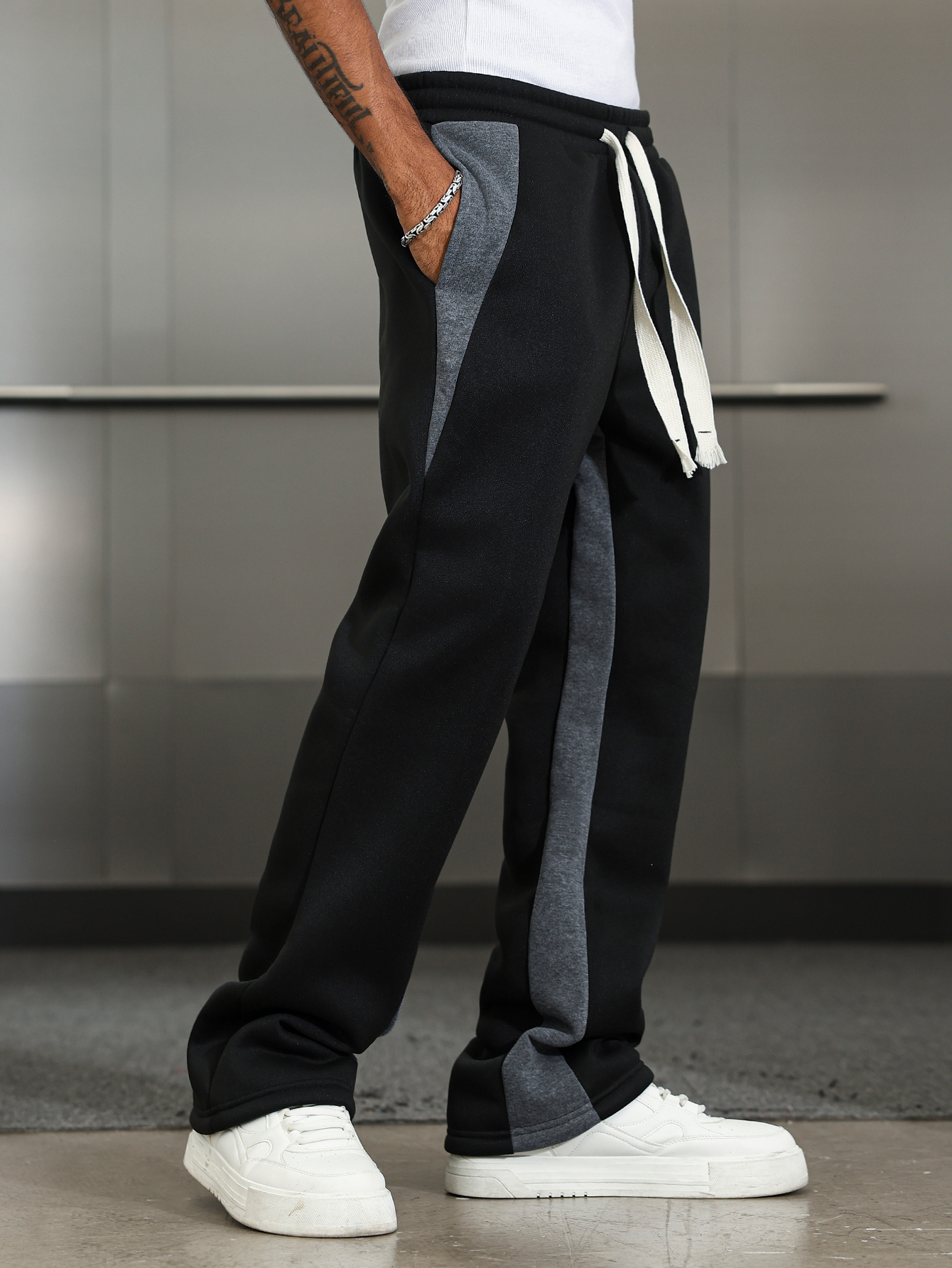 Men Black Track Pants with Side Stripe