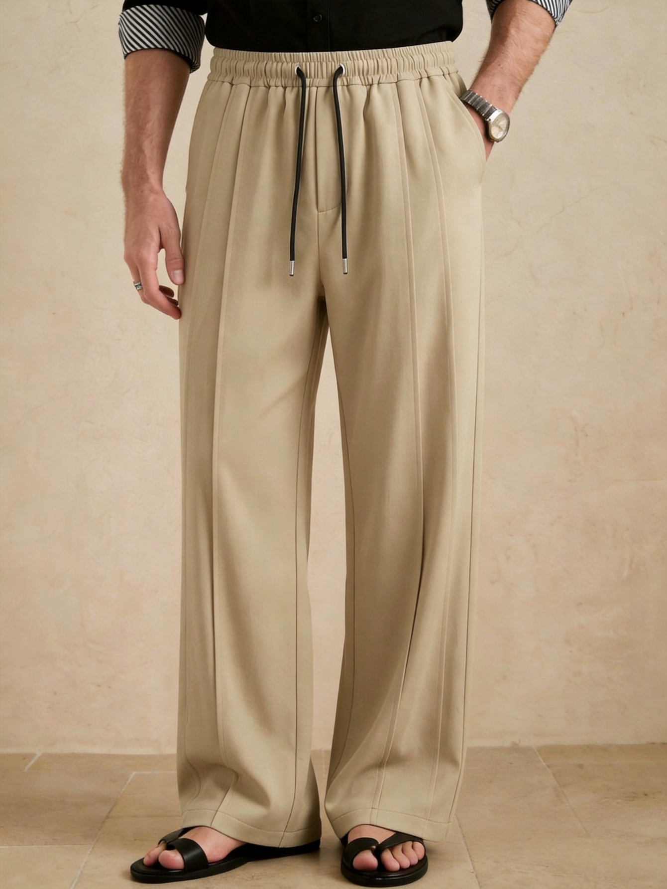 Men Tan Wide-Leg Drawstring Trousers
