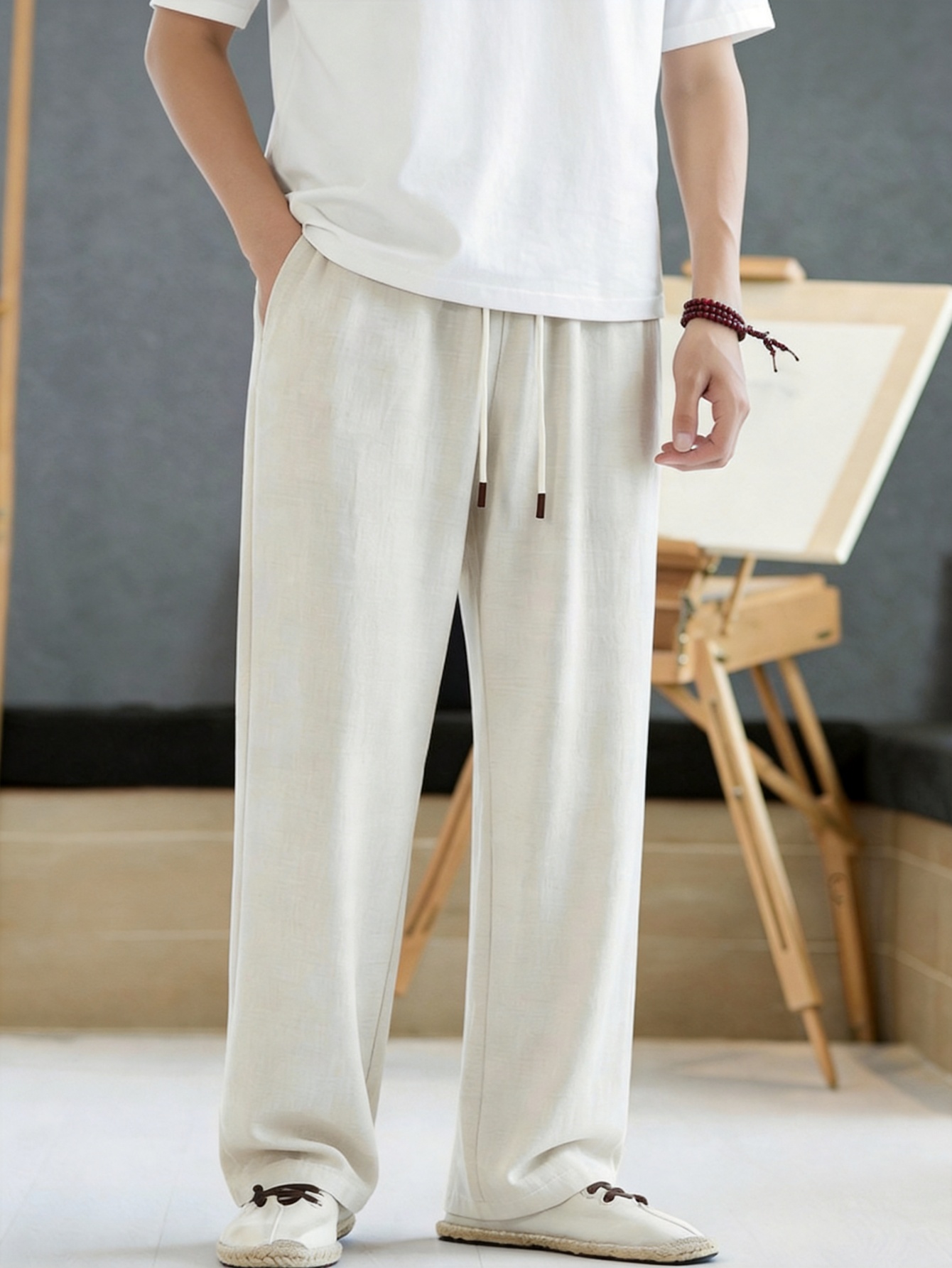 Men Beige Relaxed Fit Drawstring Trousers