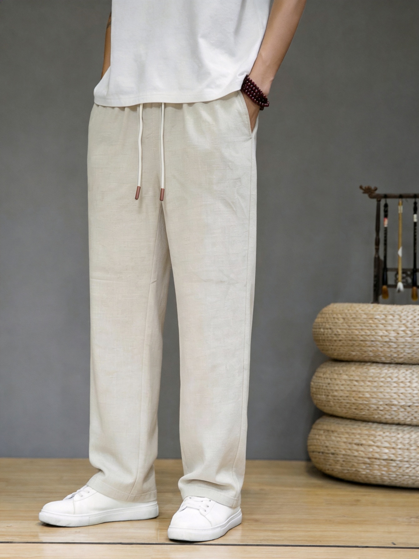 Men Beige Relaxed Fit Drawstring Trousers