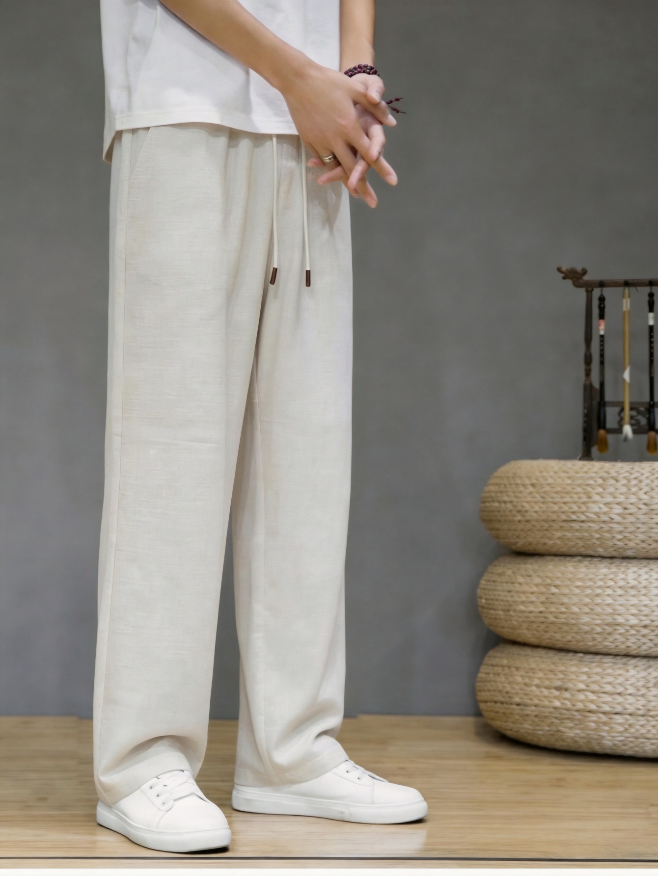 Men Beige Relaxed Fit Drawstring Trousers