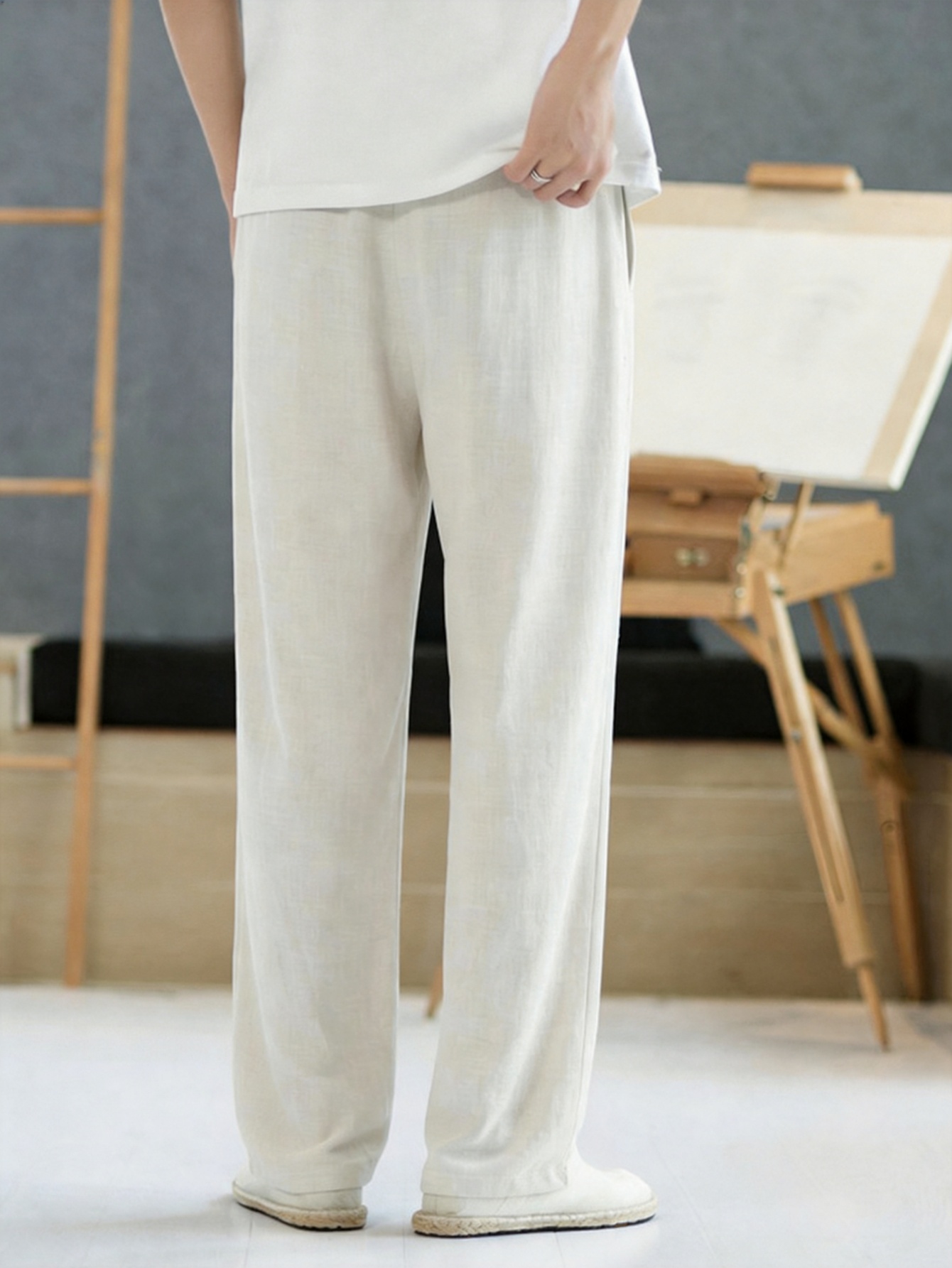 Men Beige Relaxed Fit Drawstring Trousers