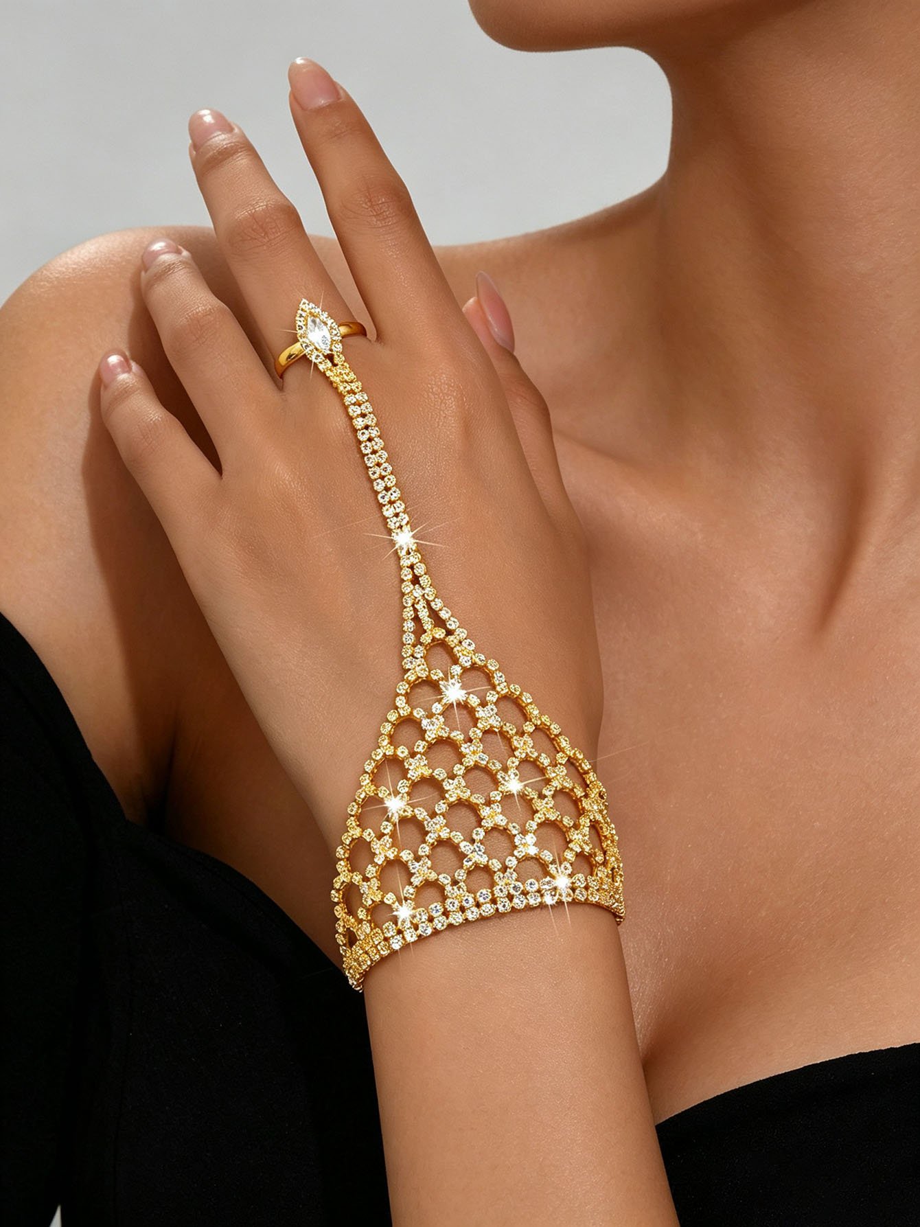 Gold Rhinestone Charm Hand Bracelet with Ring - Casual Wear.