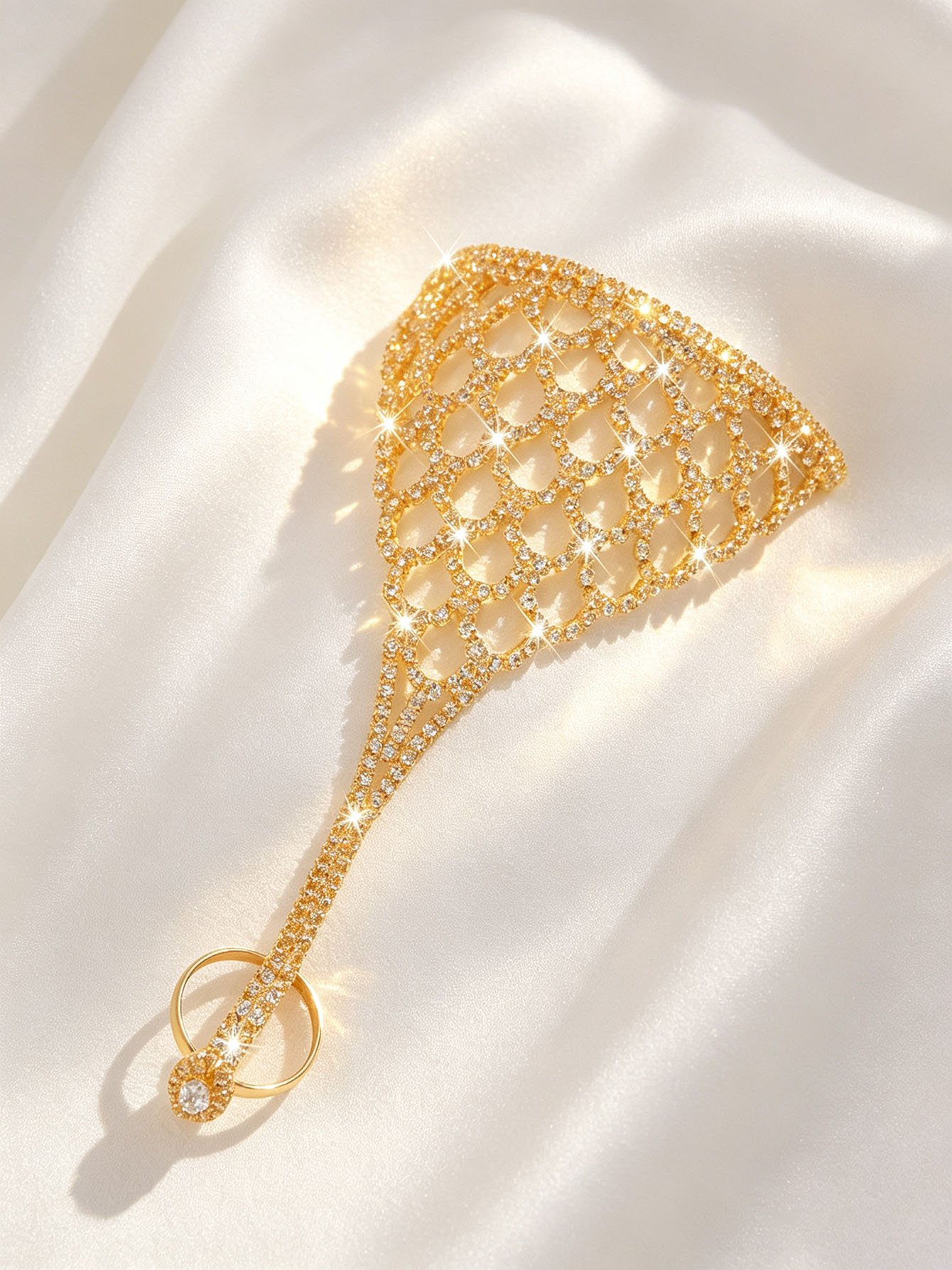 Gold Rhinestone Charm Hand Bracelet with Ring - Casual Wear.