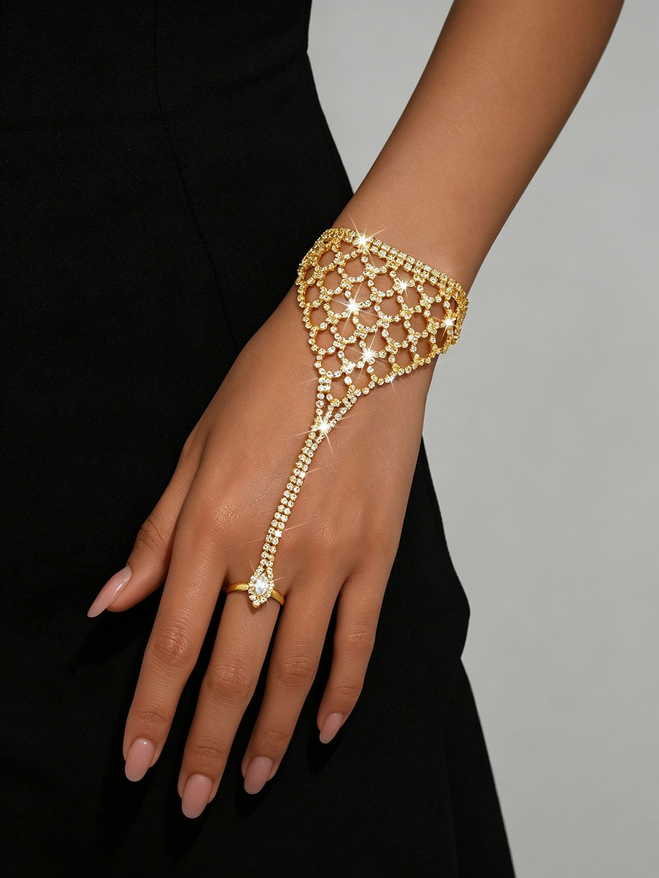 Gold Rhinestone Charm Hand Bracelet with Ring - Casual Wear.