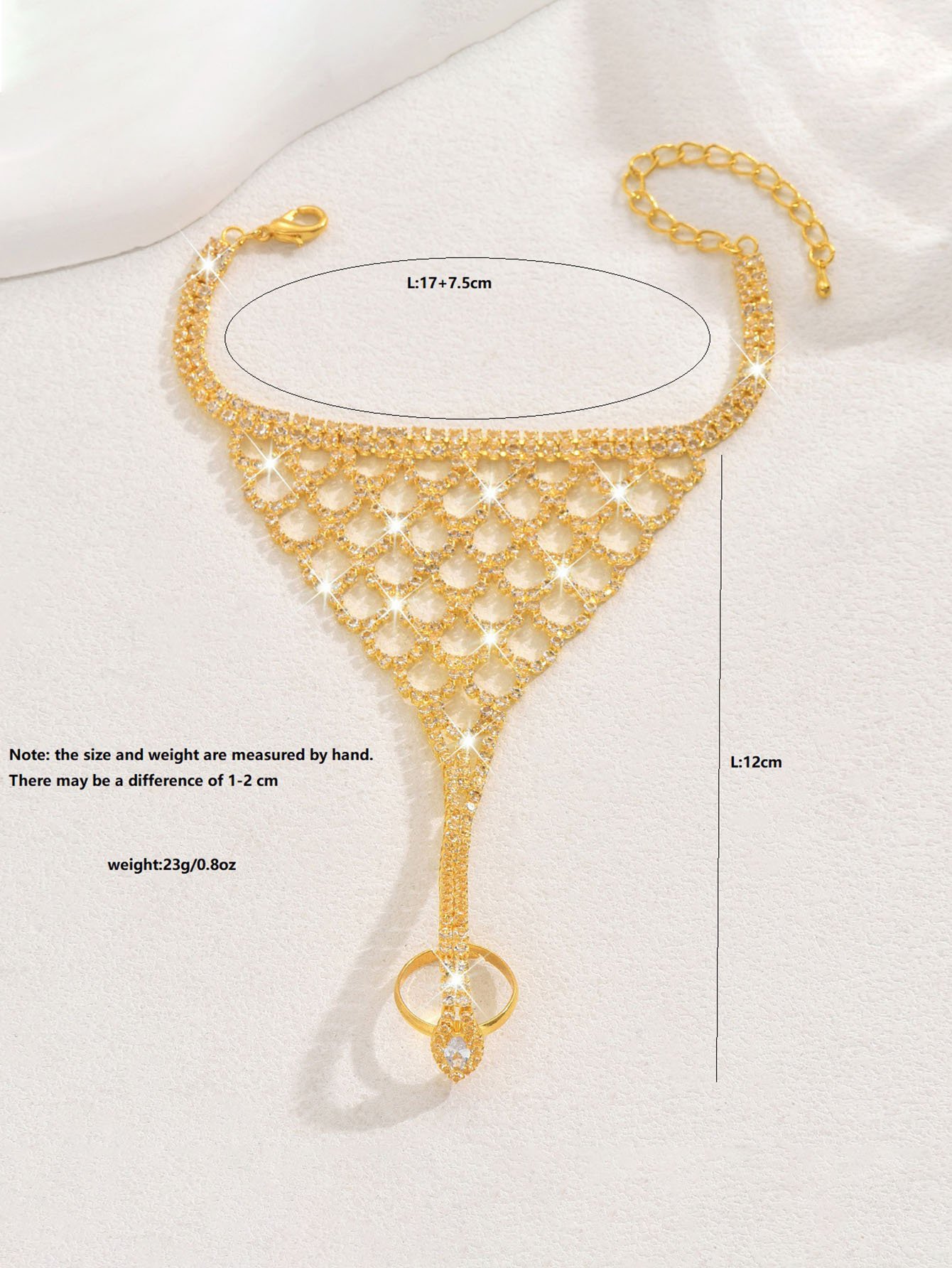 Gold Rhinestone Charm Hand Bracelet with Ring - Casual Wear.