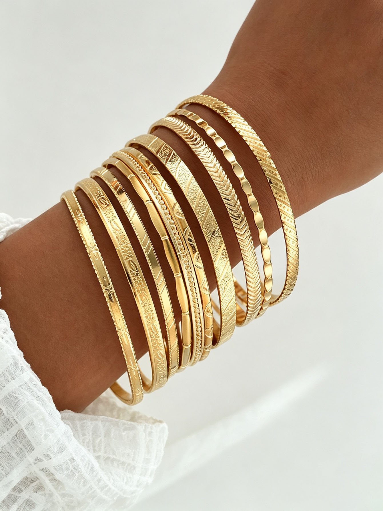 Gold Plated Stackable Bangles Set (10 Pcs) - Casual Everyday Jewelry for Women.