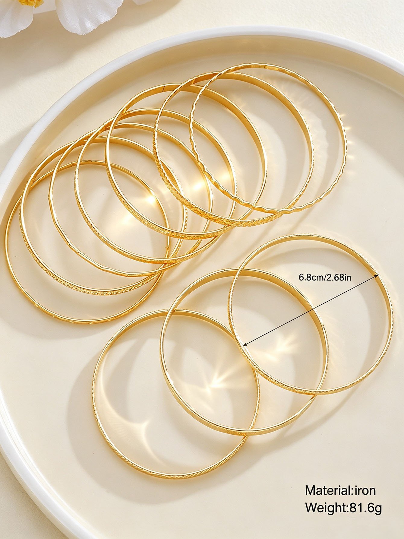 Gold Plated Stackable Bangles Set (10 Pcs) - Casual Everyday Jewelry for Women.
