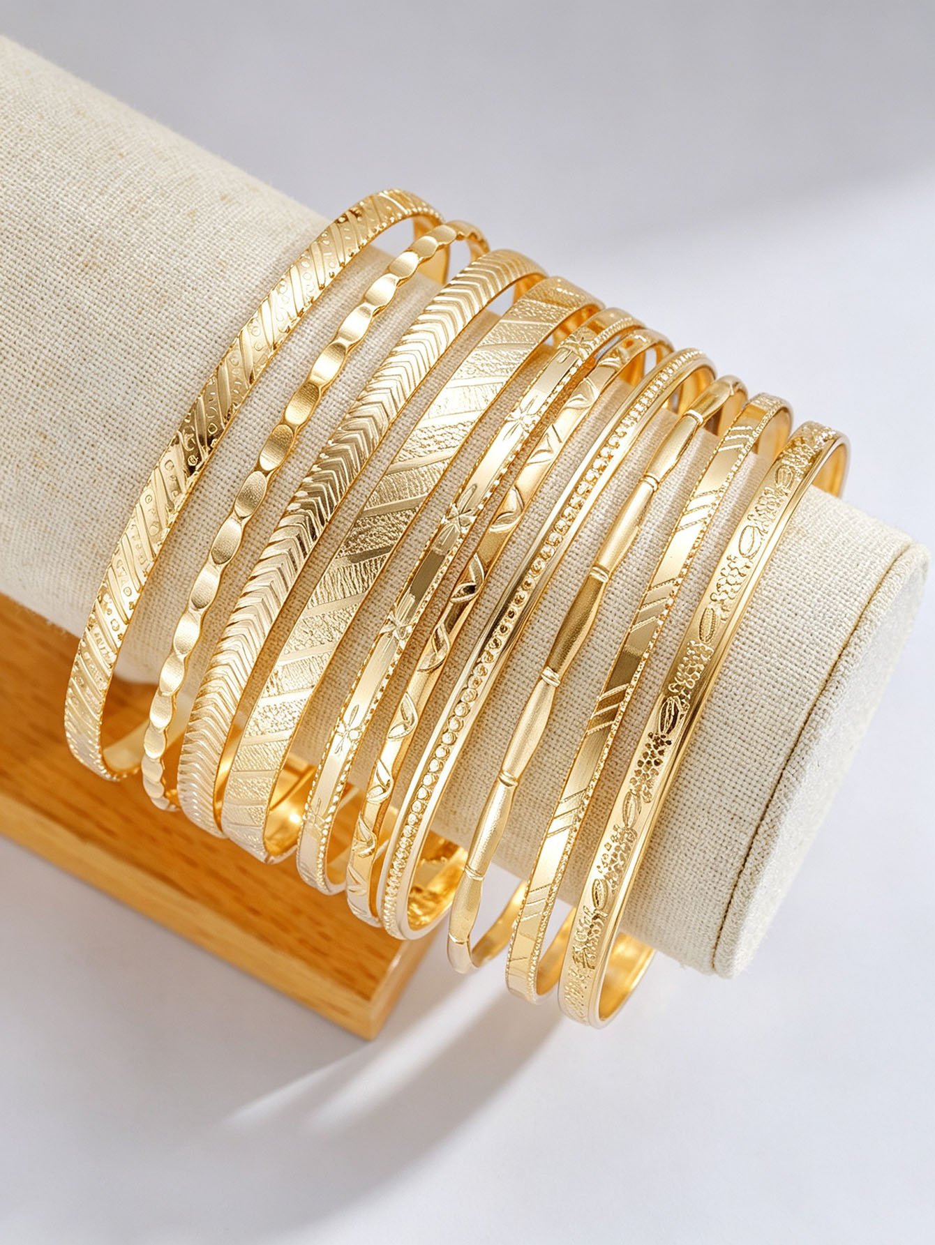 Gold Plated Stackable Bangles Set (10 Pcs) - Casual Everyday Jewelry for Women.